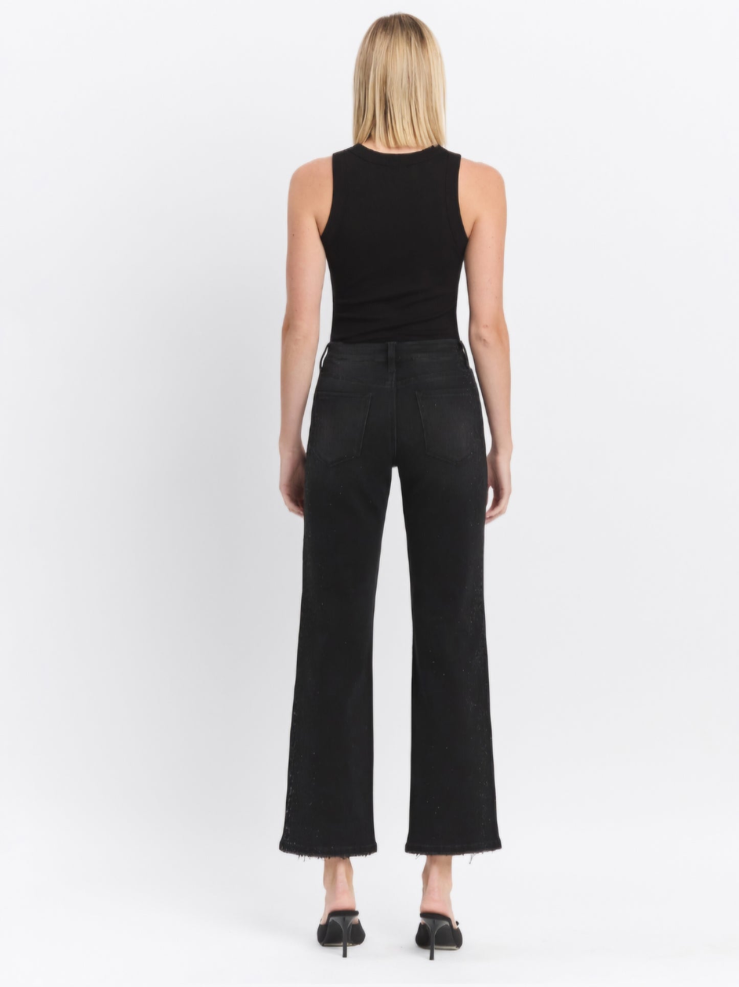Black Rhinestone High Rise Slim Wide Leg Jeans