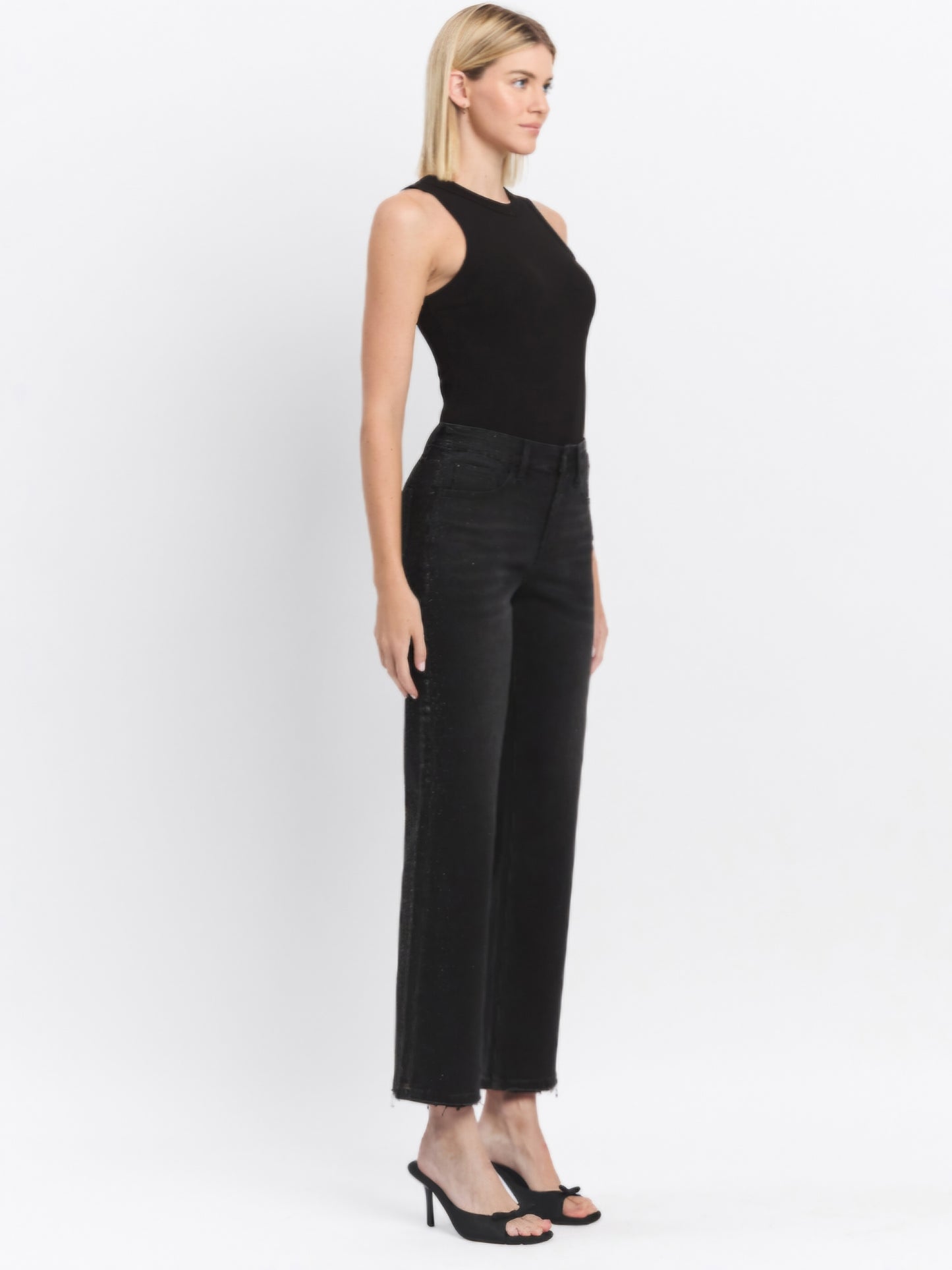 Black Rhinestone High Rise Slim Wide Leg Jeans