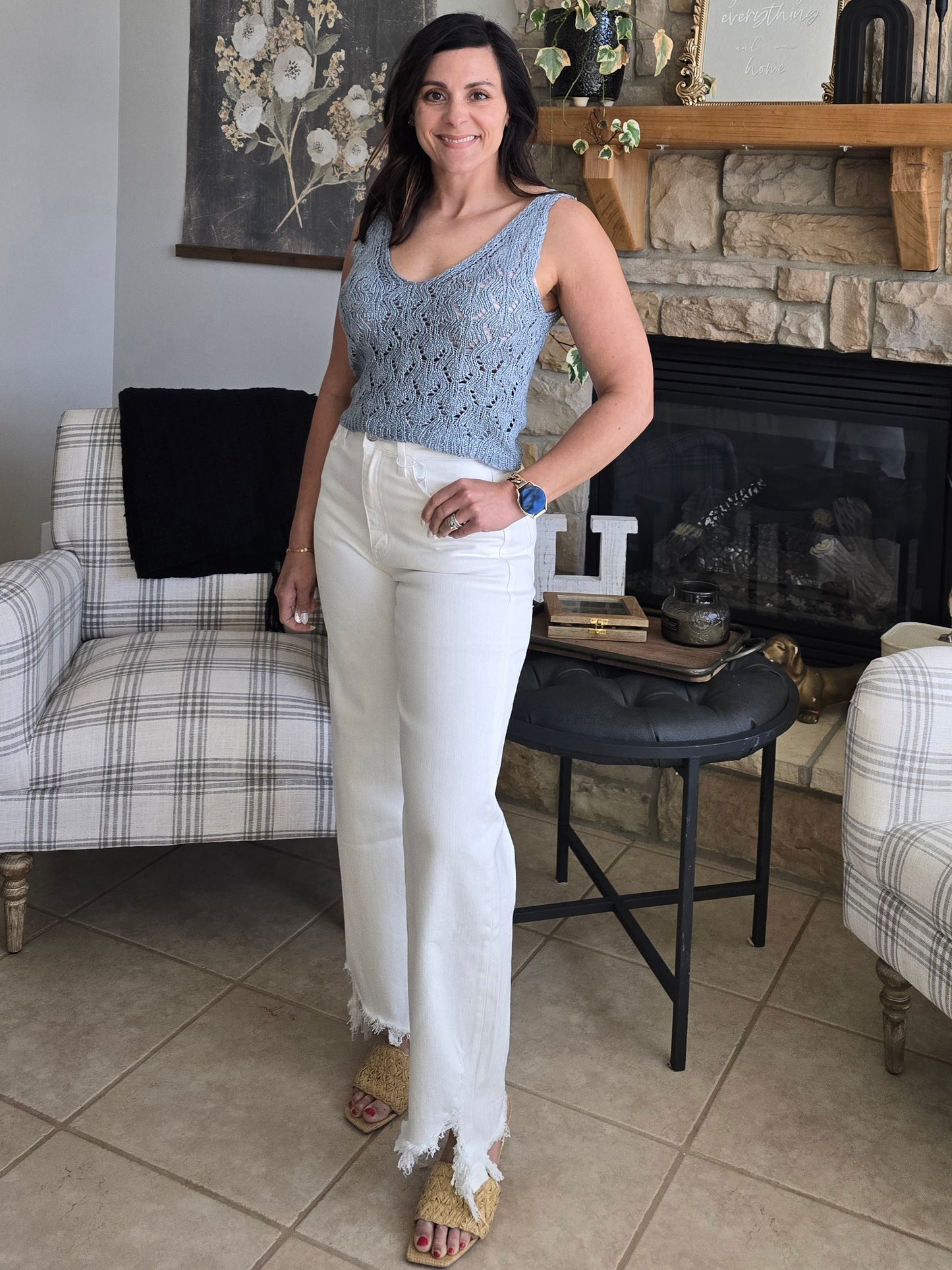 White Destroyed Hem Straight Leg Jeans