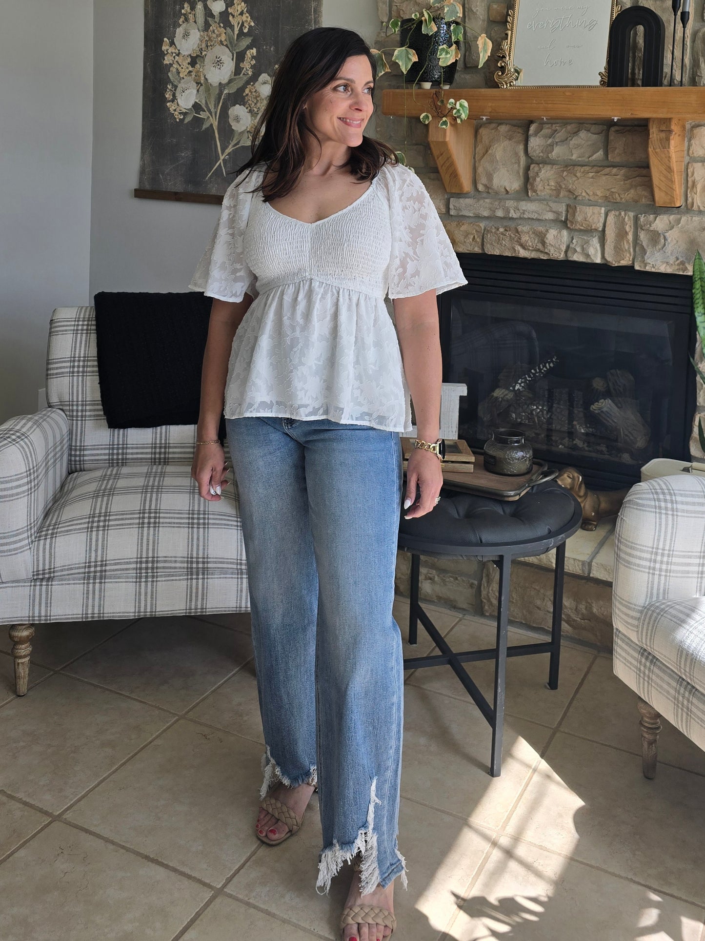 V-Neck Smocked Burnout Peplum Top