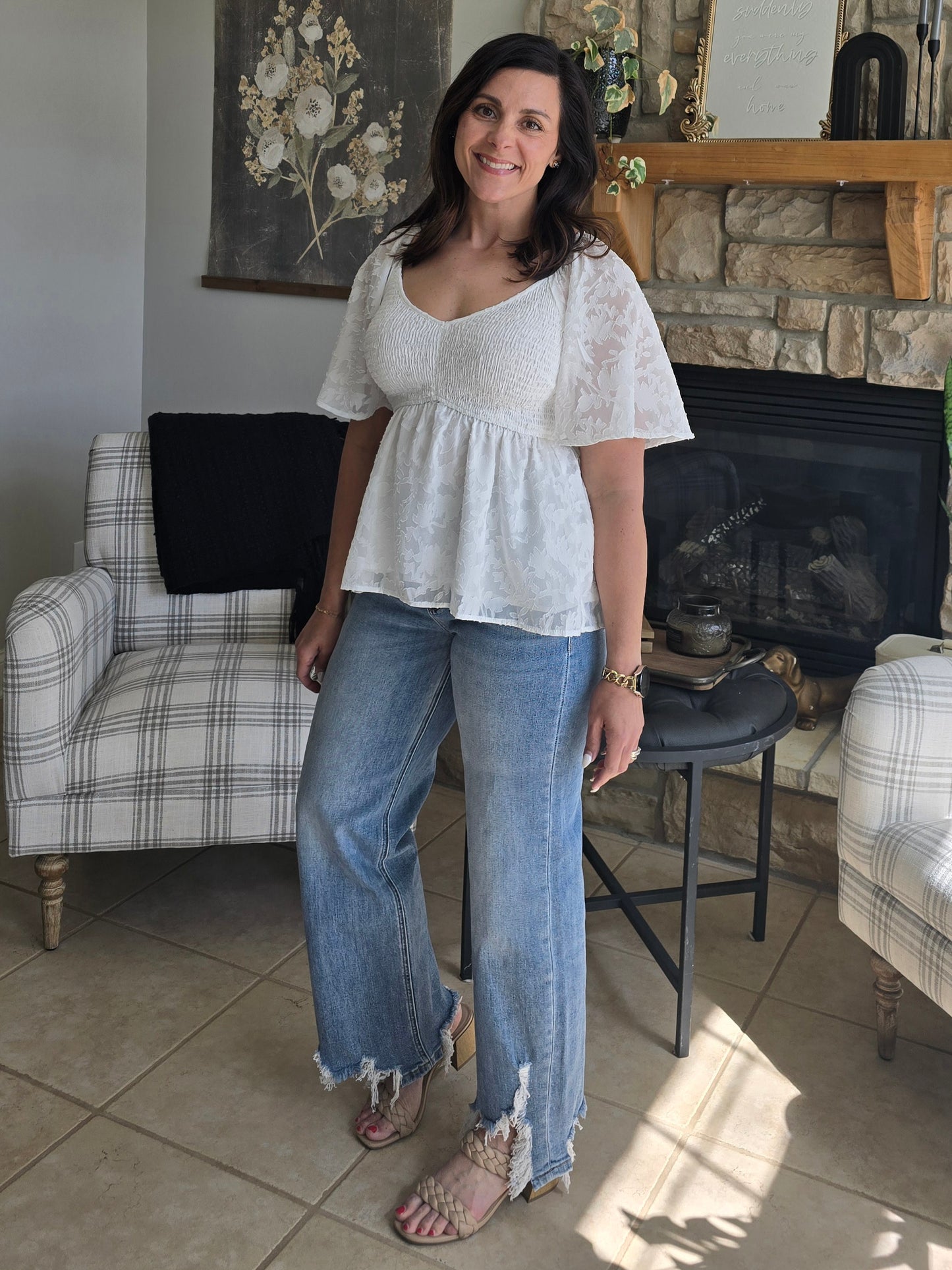V-Neck Smocked Burnout Peplum Top