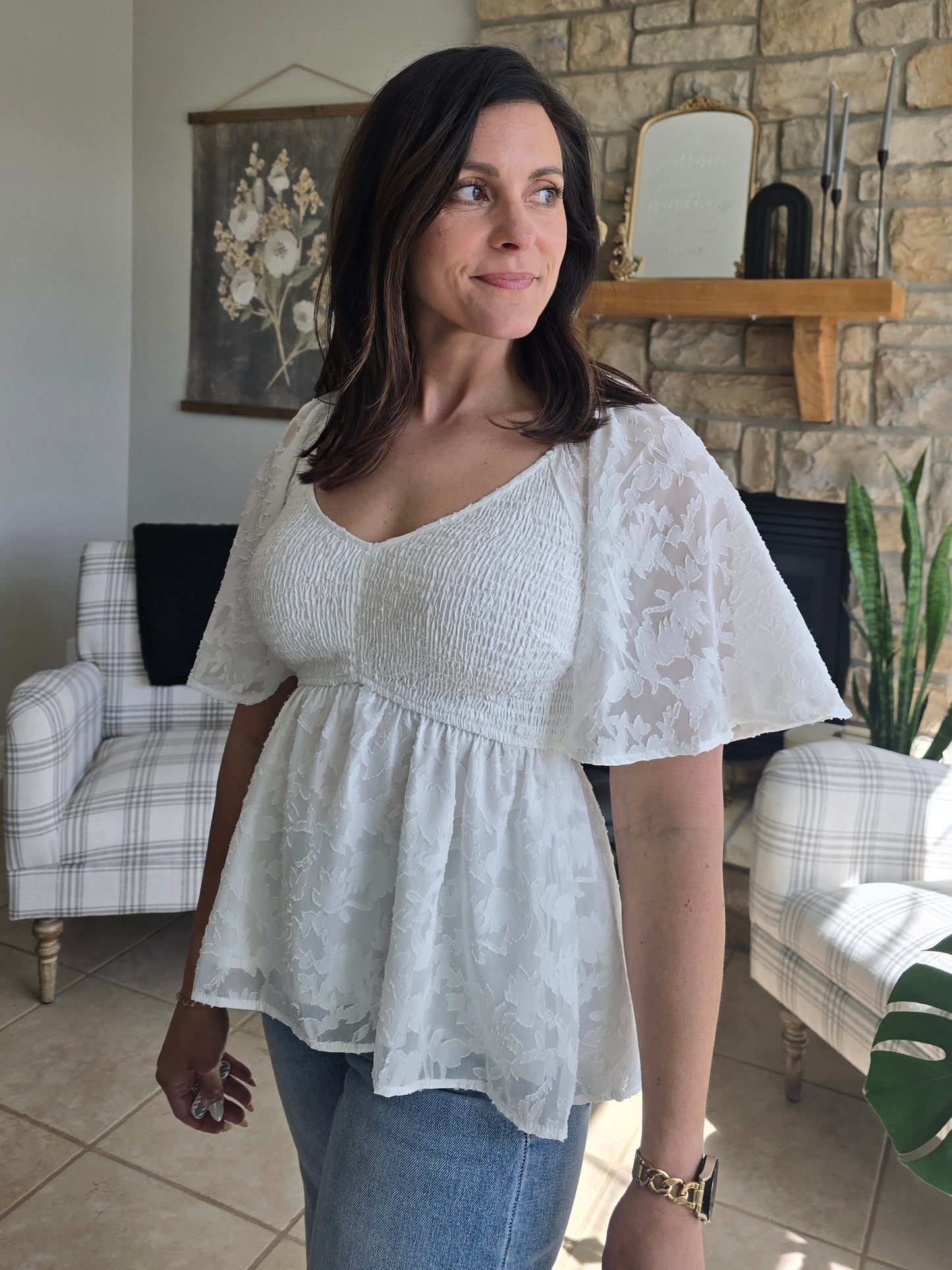 V-Neck Smocked Burnout Peplum Top
