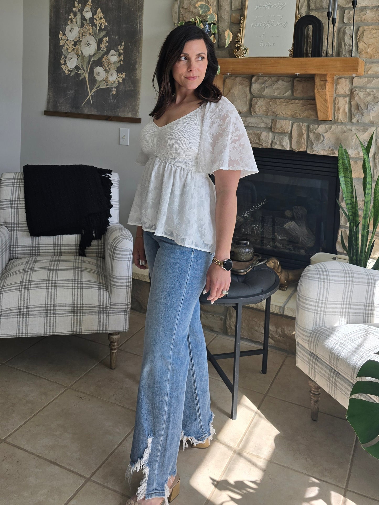 V-Neck Smocked Burnout Peplum Top