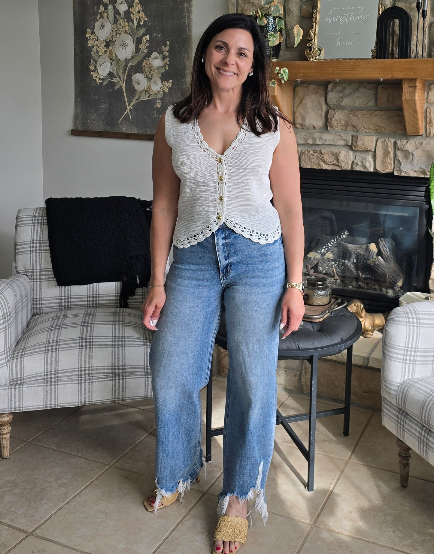 Crochet Trimmed Button Down Sweater Vest
