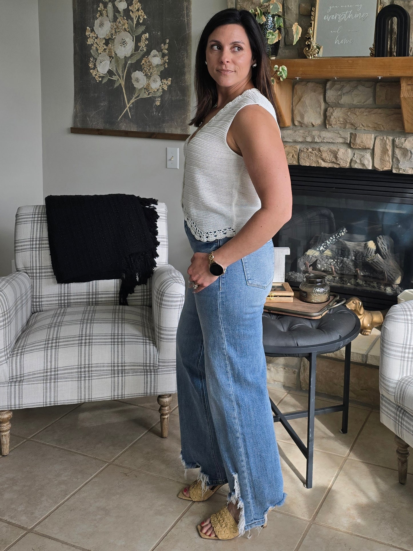 Crochet Trimmed Button Down Sweater Vest