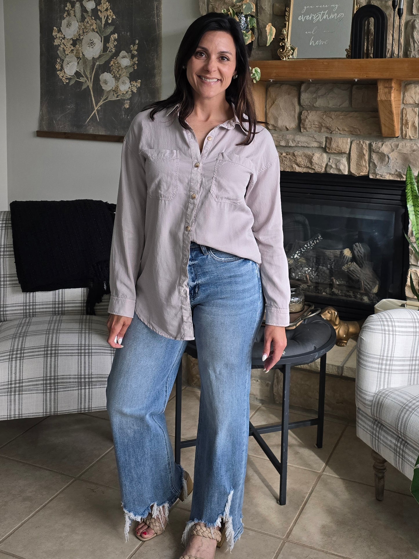 Grey Tencel Oversized Button Down Shirt