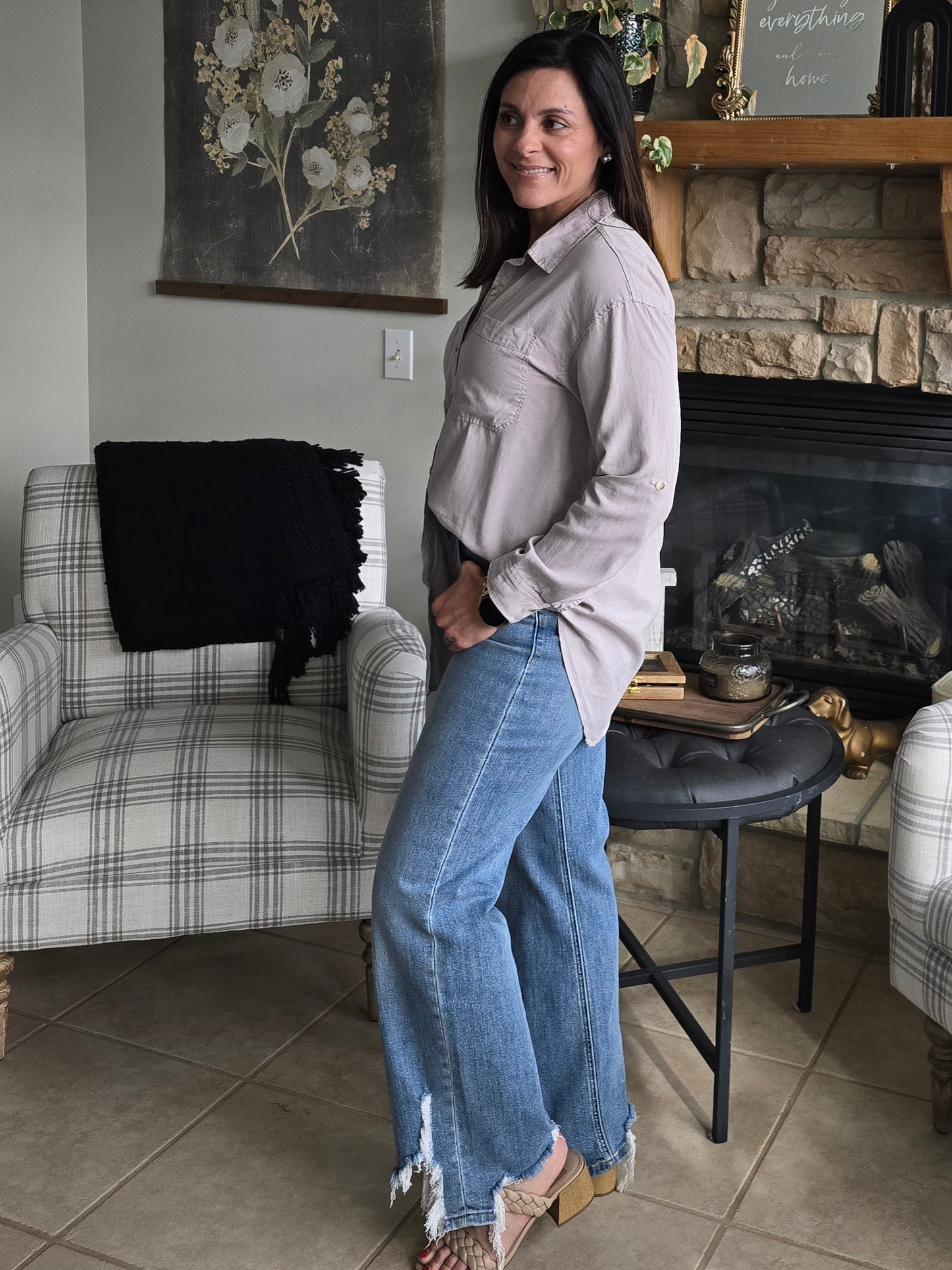 Grey Tencel Oversized Button Down Shirt