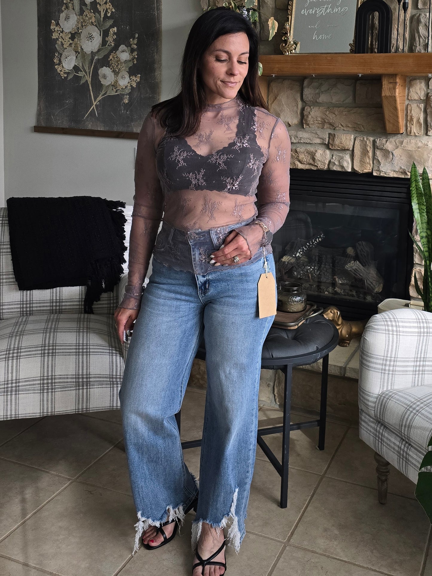 Grey Sheer Lace Mock Neck Layering Top