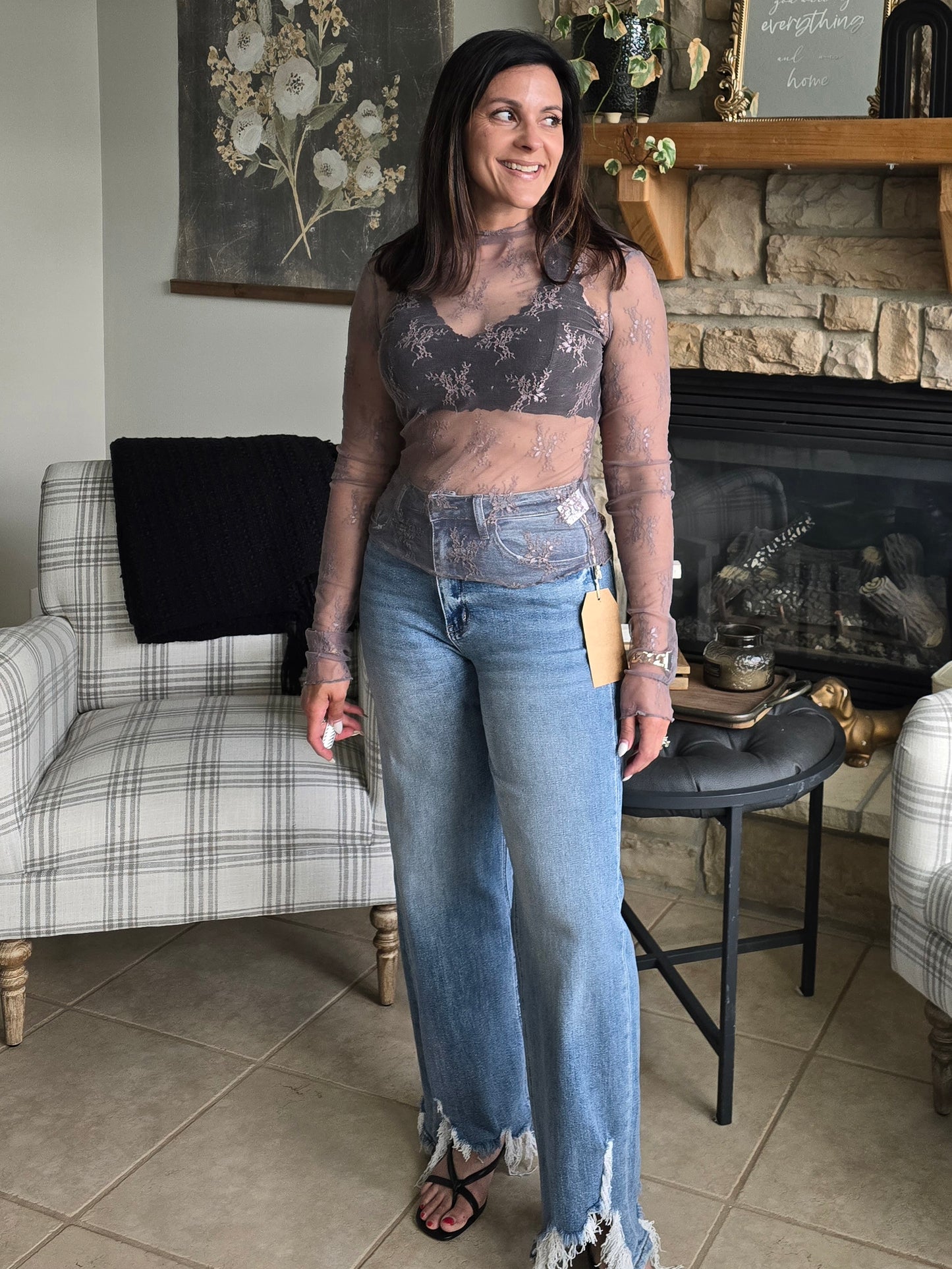 Grey Sheer Lace Mock Neck Layering Top