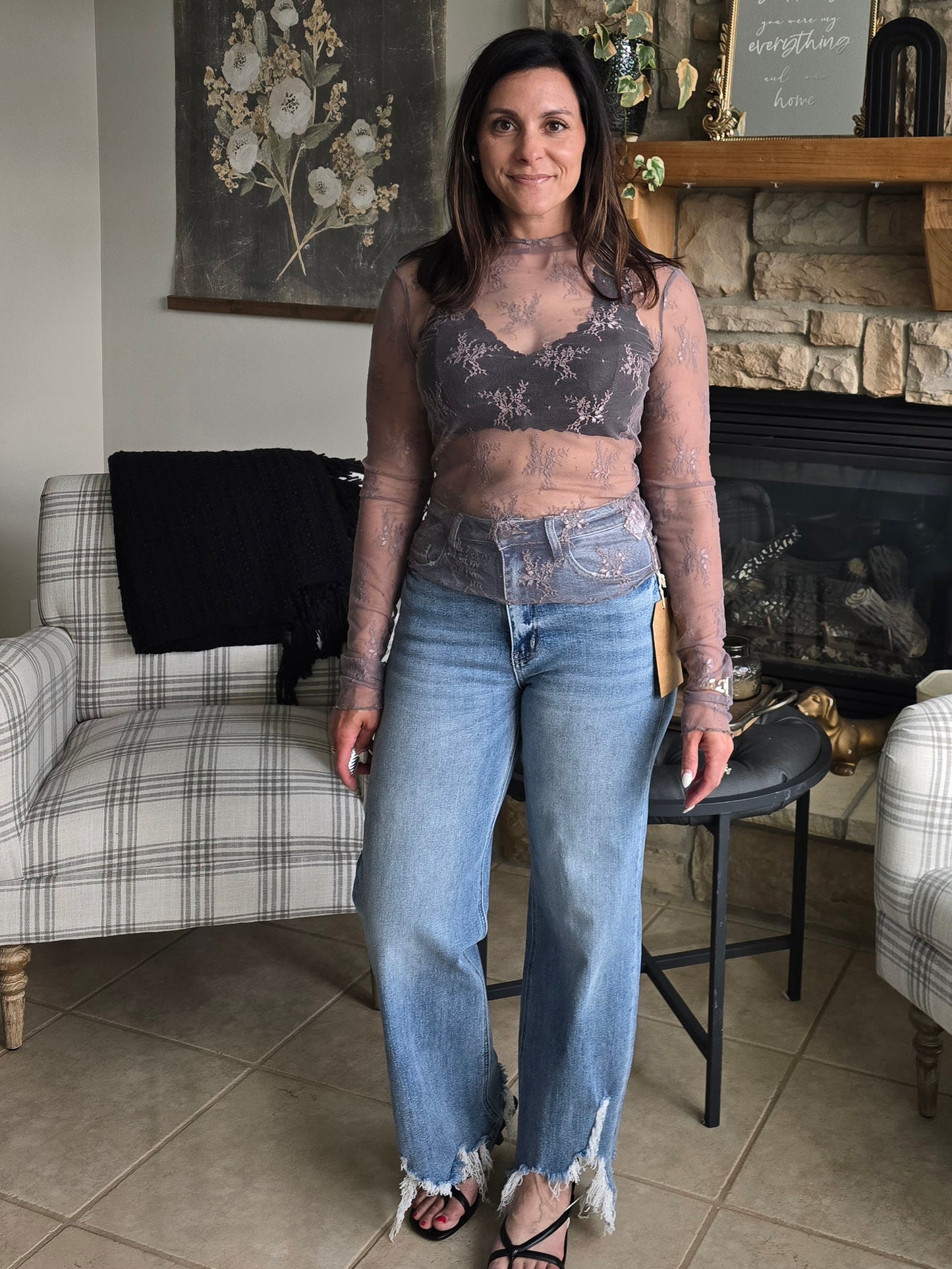 Grey Sheer Lace Mock Neck Layering Top
