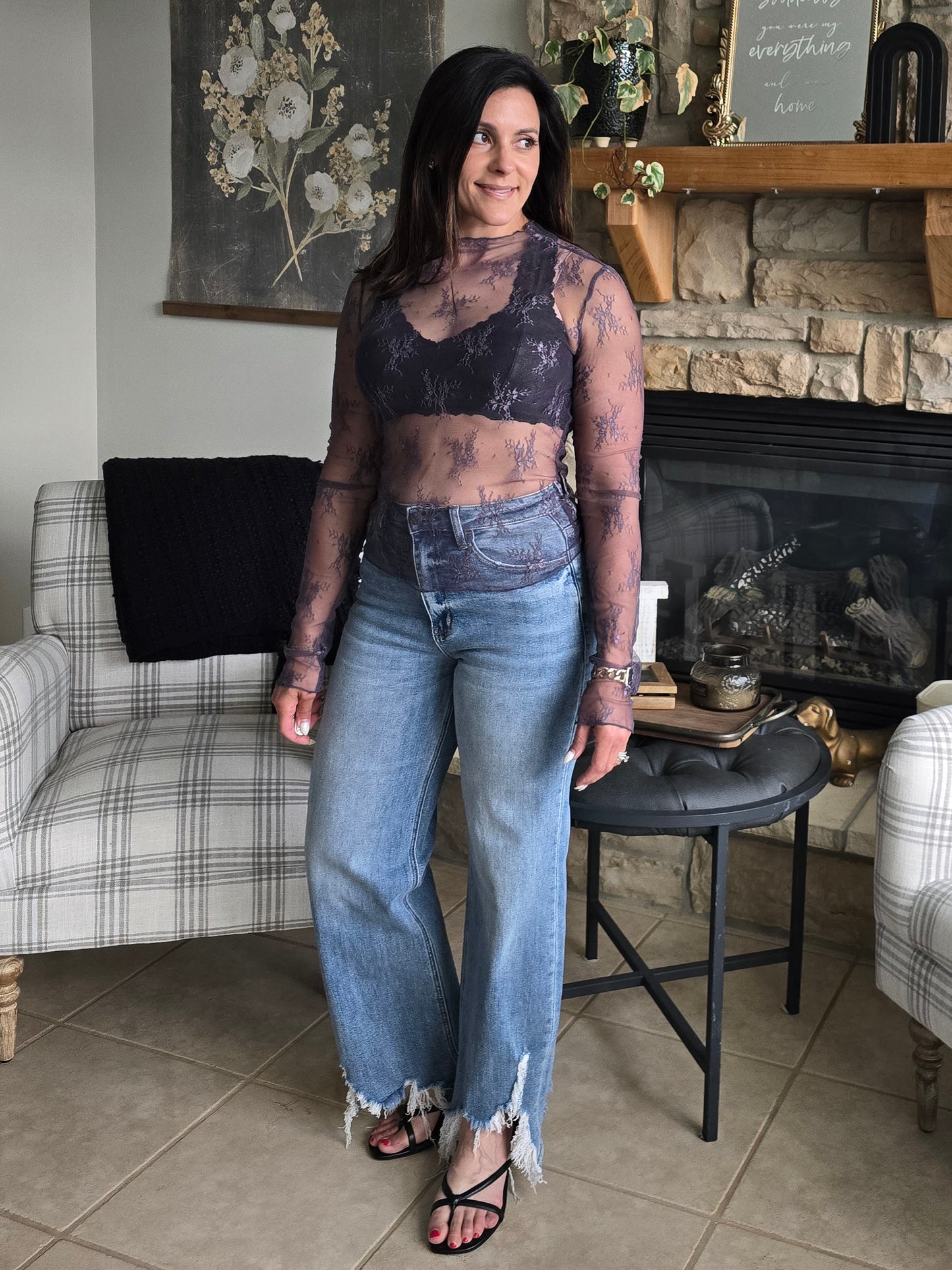 Midnight Sheer Lace Mock Neck Layering Top