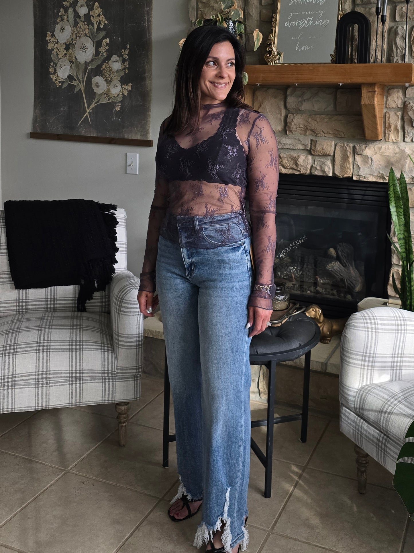 Midnight Sheer Lace Mock Neck Layering Top
