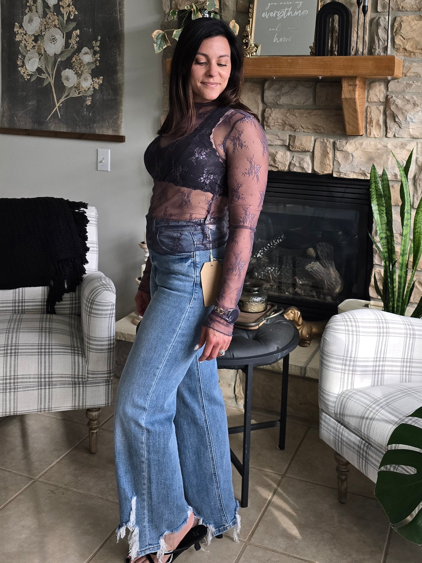 Midnight Sheer Lace Mock Neck Layering Top