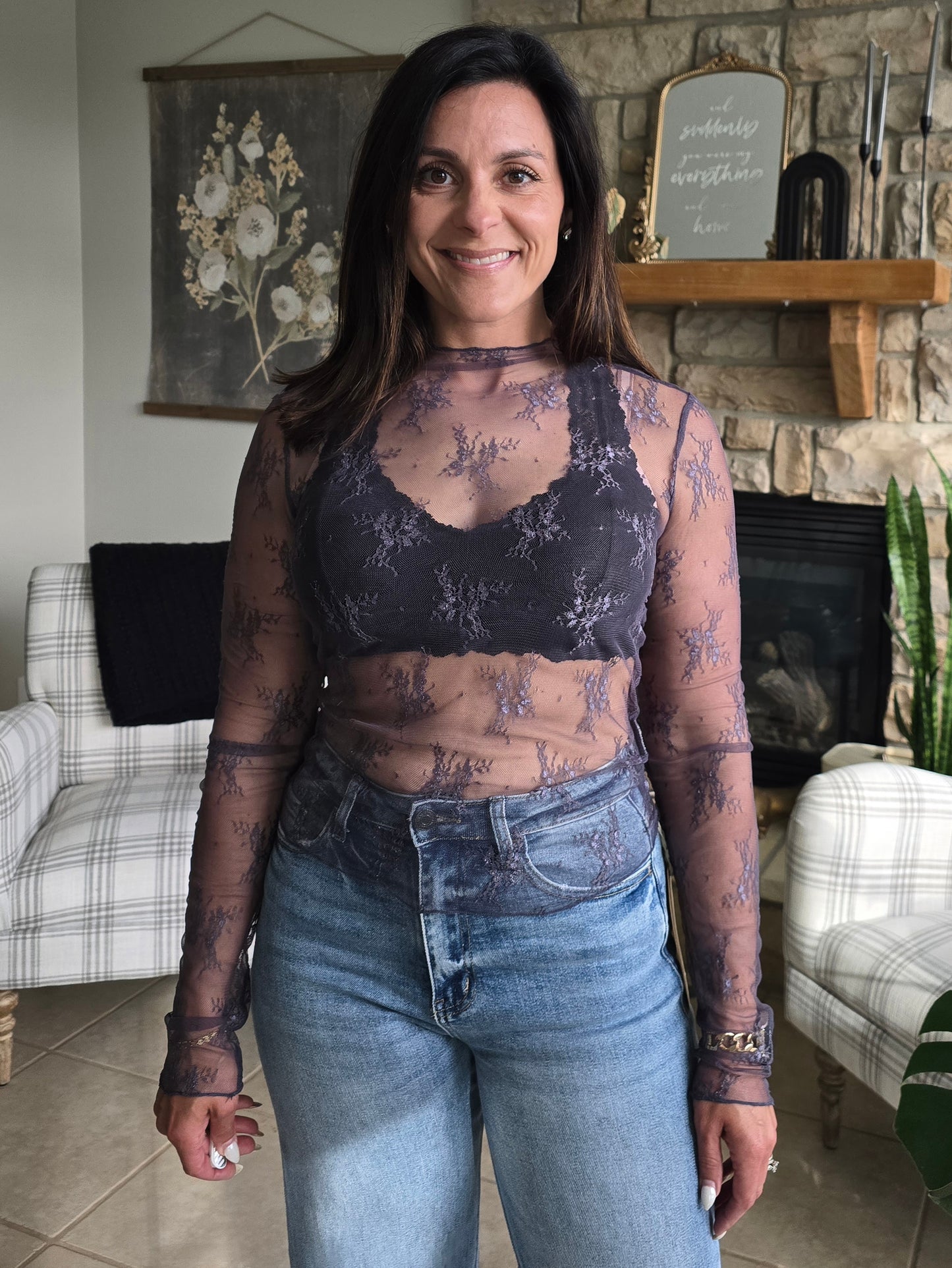 Midnight Sheer Lace Mock Neck Layering Top