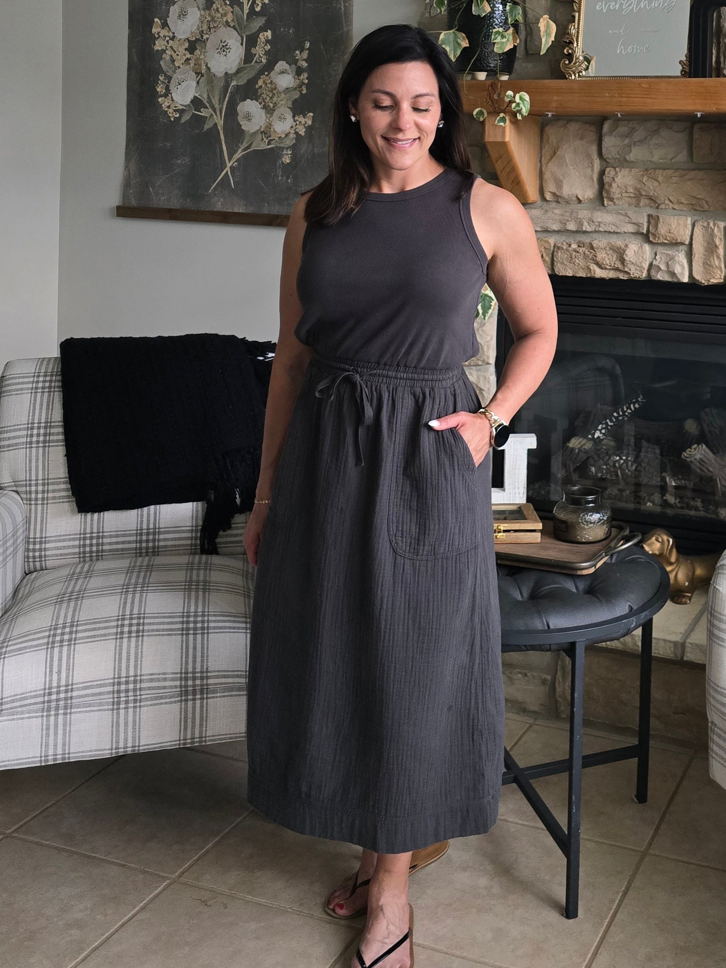 Charcoal Mixed Material Tank Midi Dress