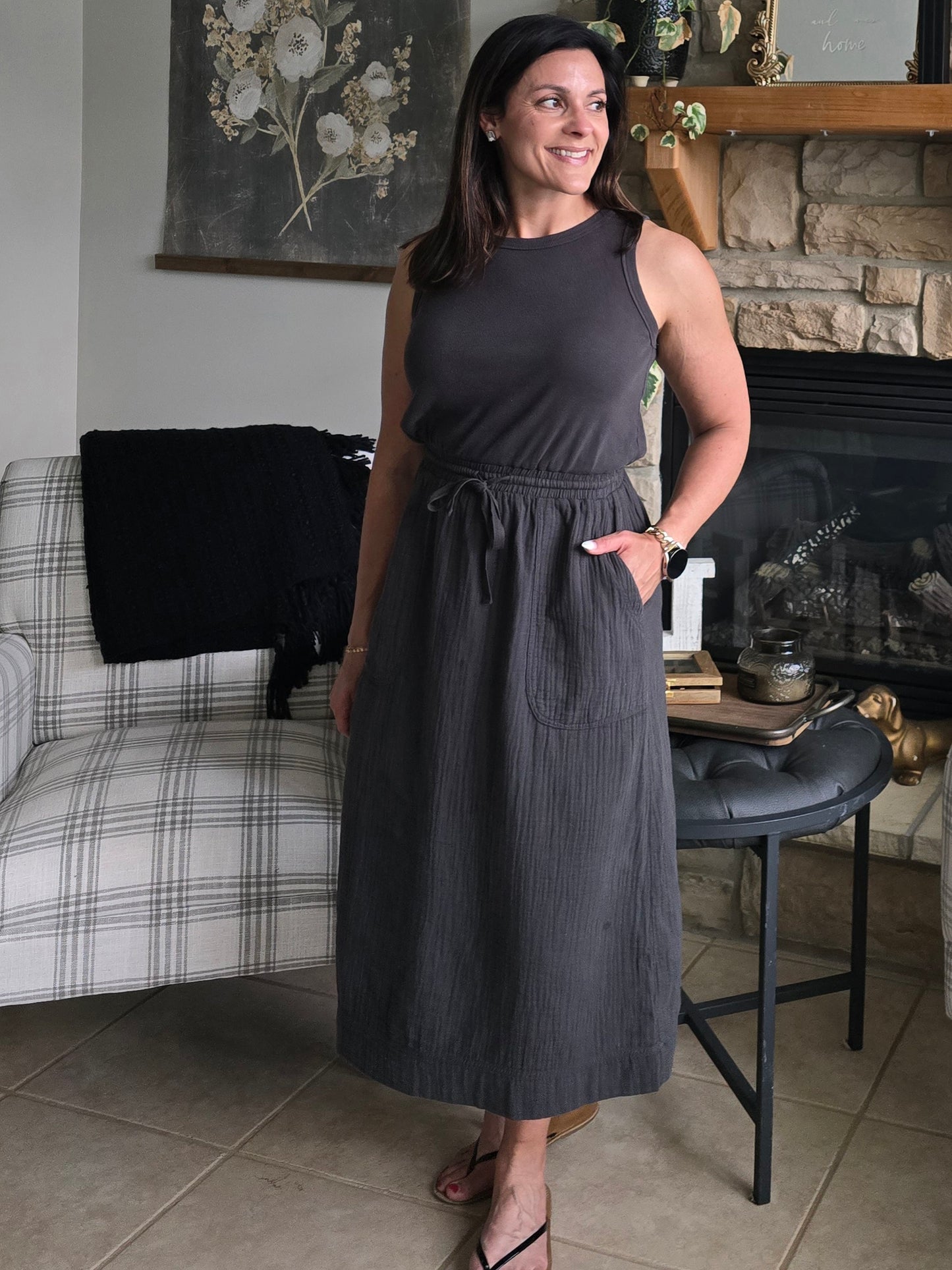 Charcoal Mixed Material Tank Midi Dress