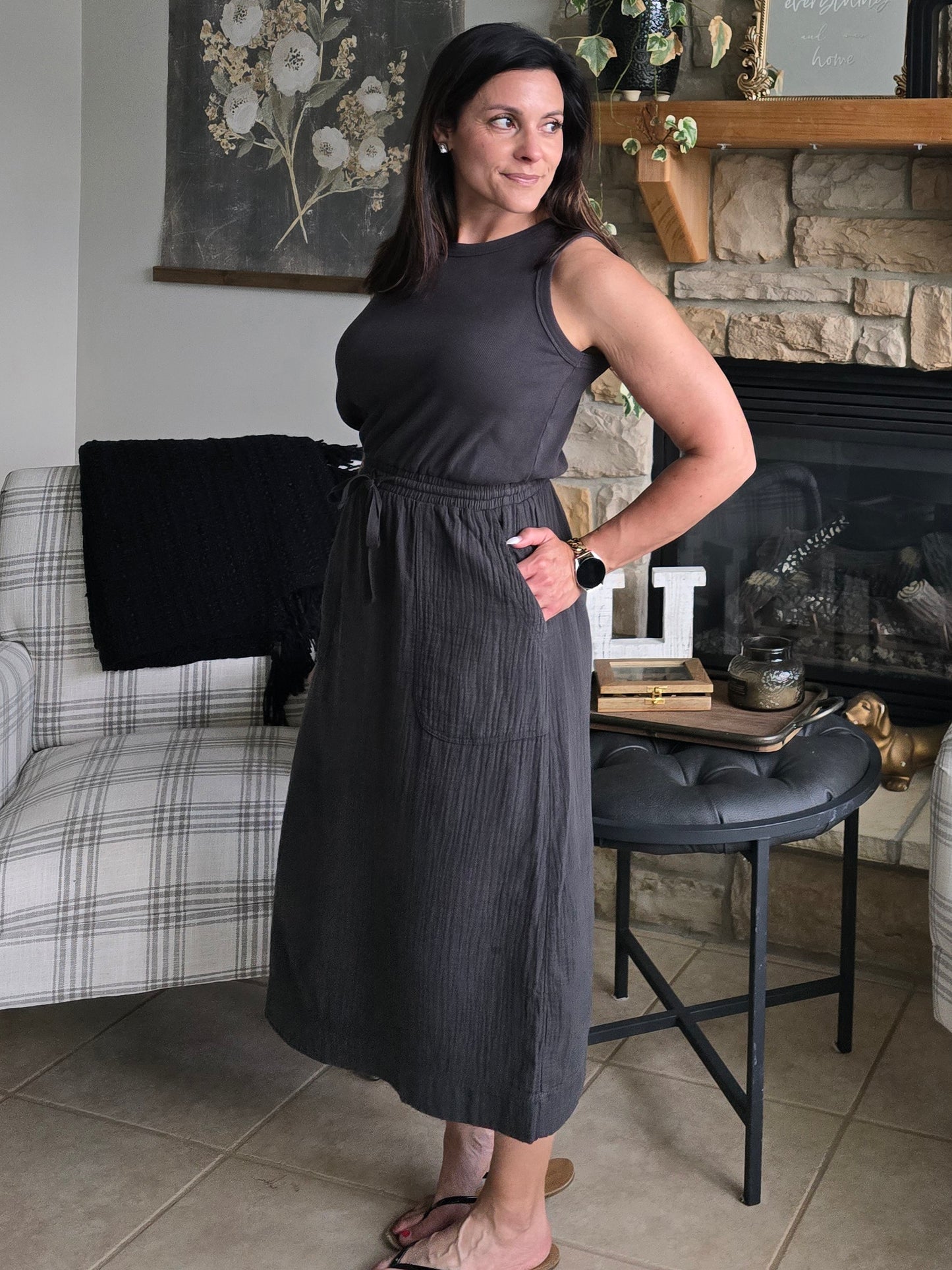 Charcoal Mixed Material Tank Midi Dress