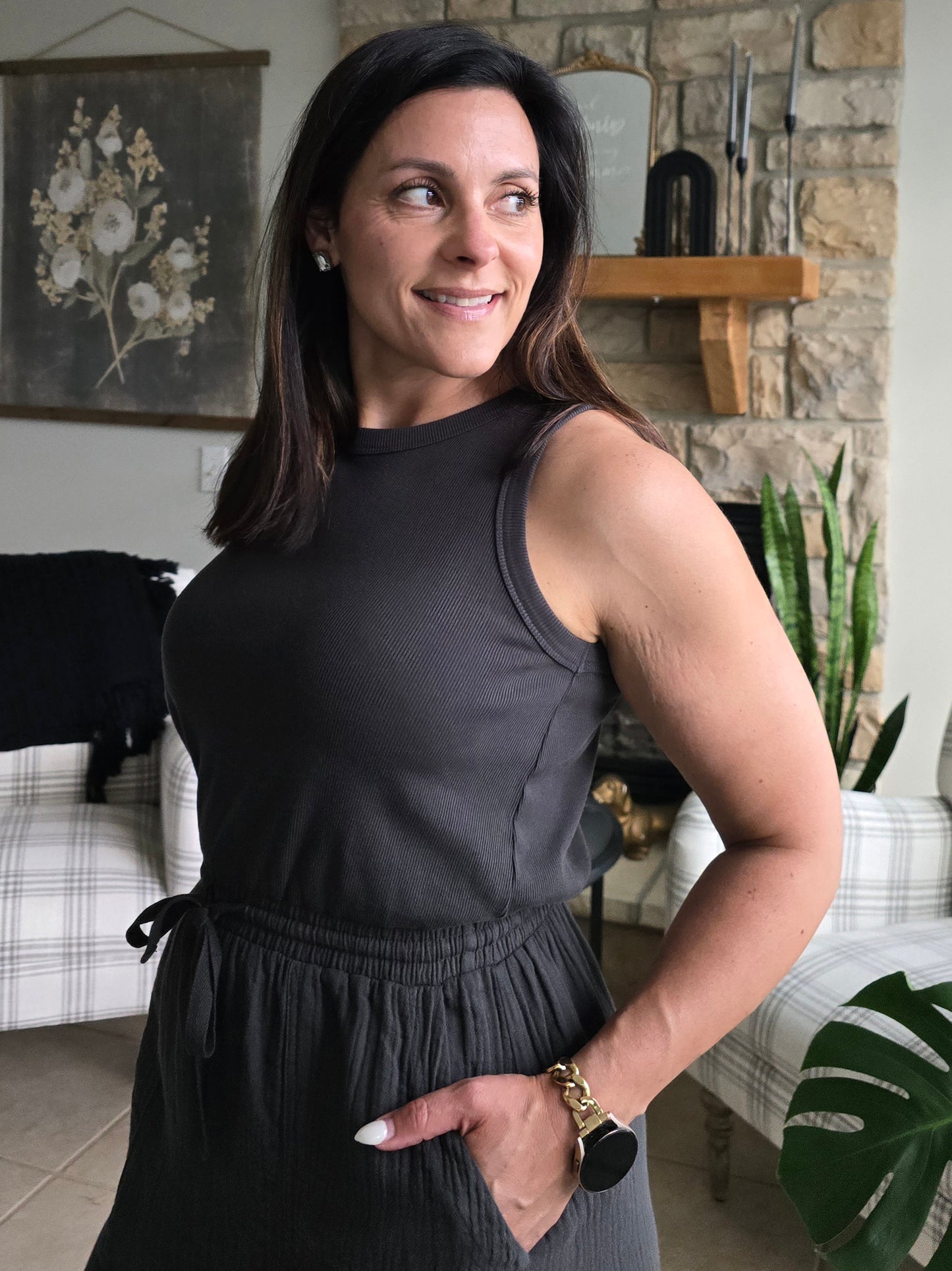 Charcoal Mixed Material Tank Midi Dress