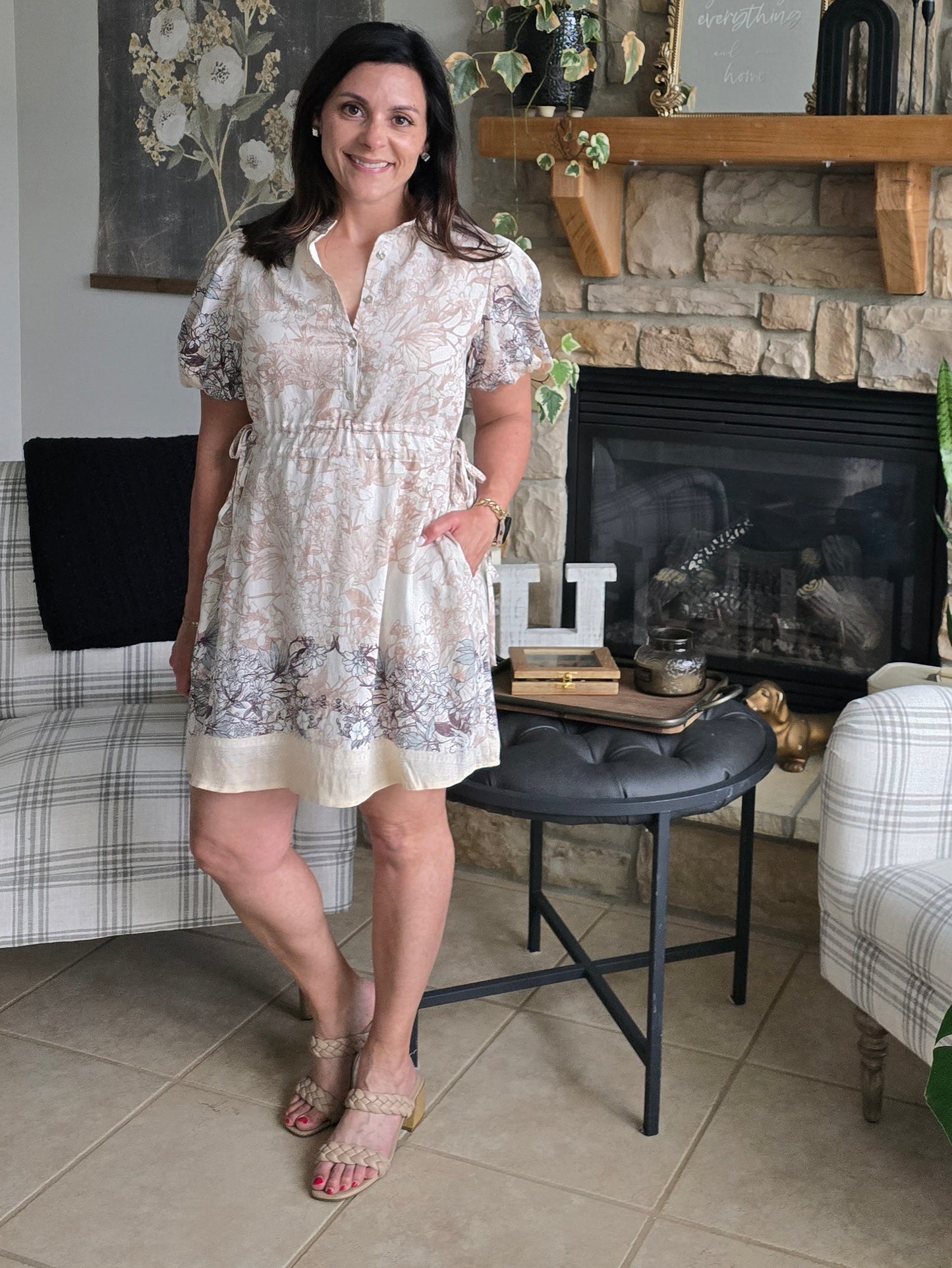 Champagne Floral Print Puff Sleeve Dress