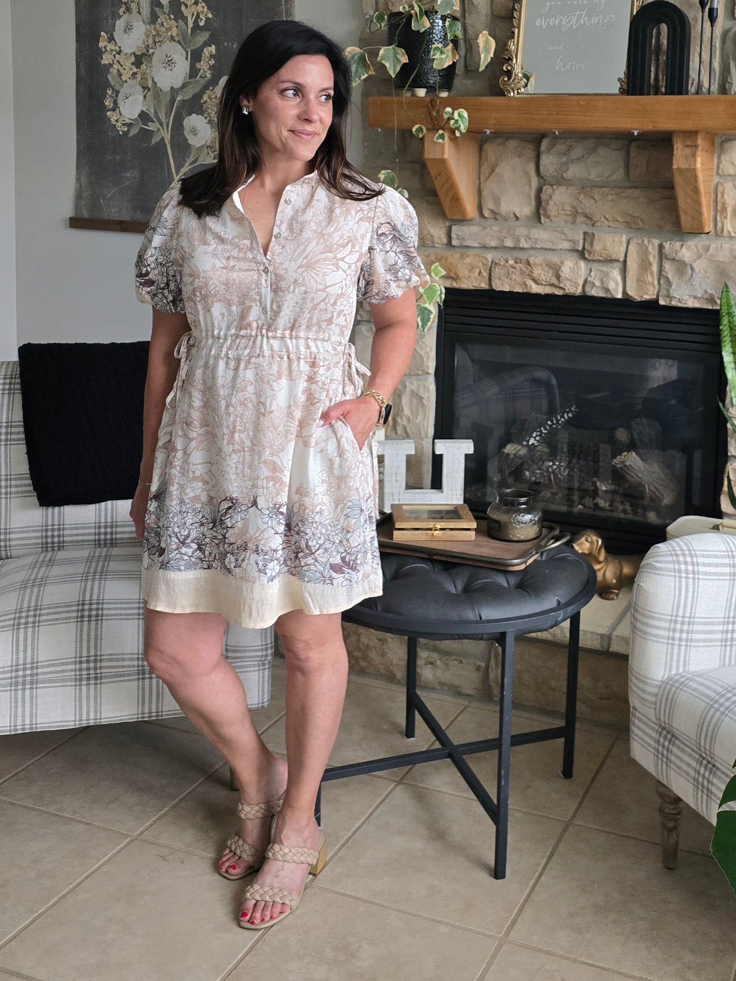Champagne Floral Print Puff Sleeve Dress