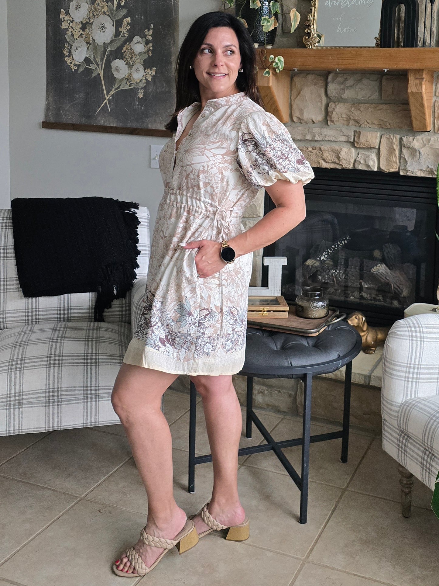 Champagne Floral Print Puff Sleeve Dress