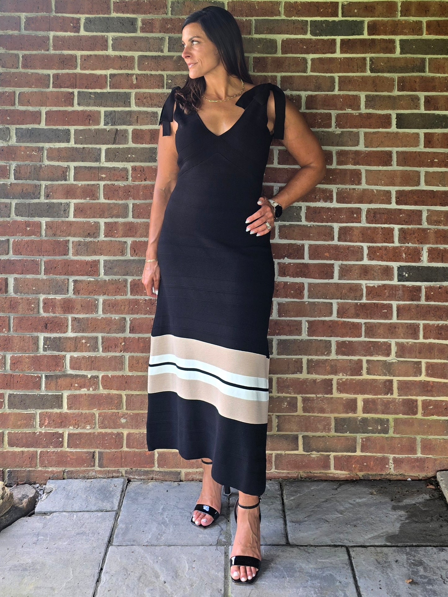 Sweater Knit Midi Dress with Bow Tie Straps
