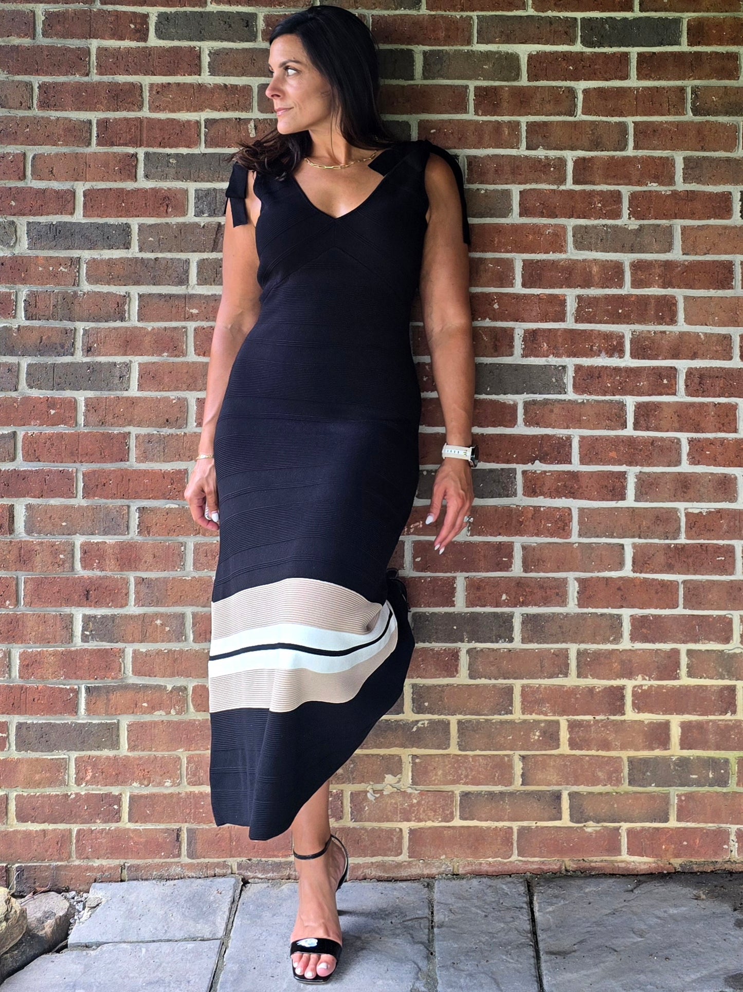 Sweater Knit Midi Dress with Bow Tie Straps