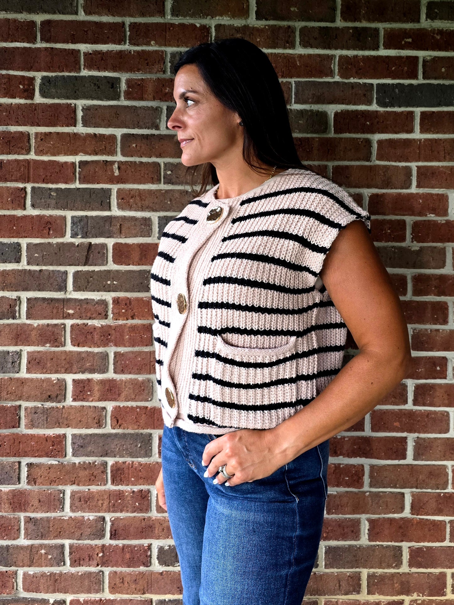 Stripe Sweater Vest with Hammered Gold Buttons