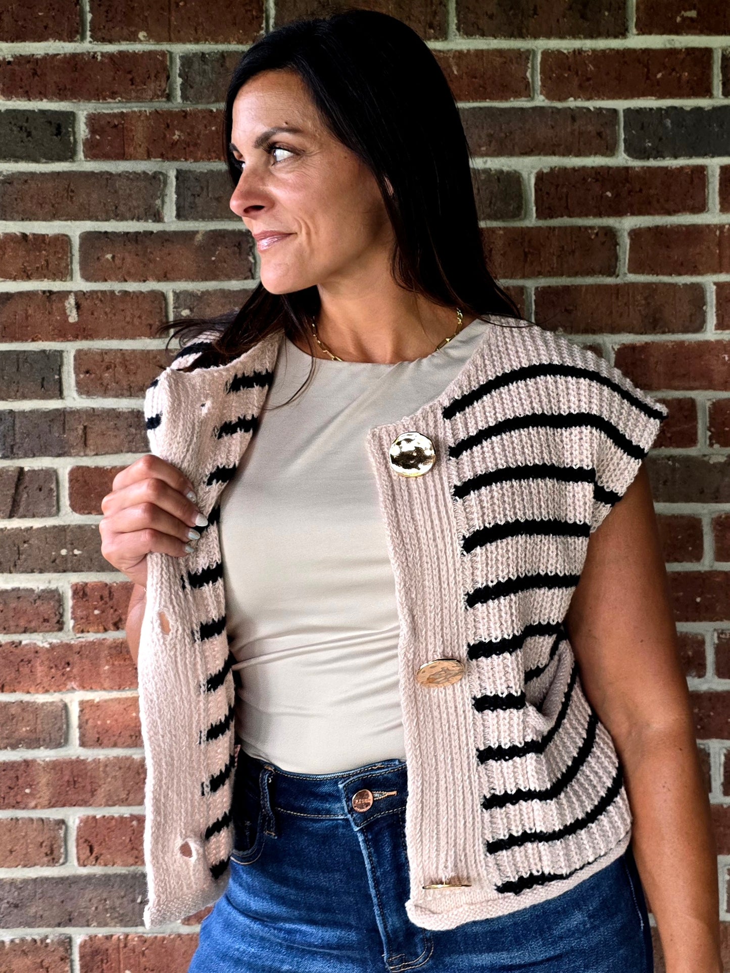 Stripe Sweater Vest with Hammered Gold Buttons
