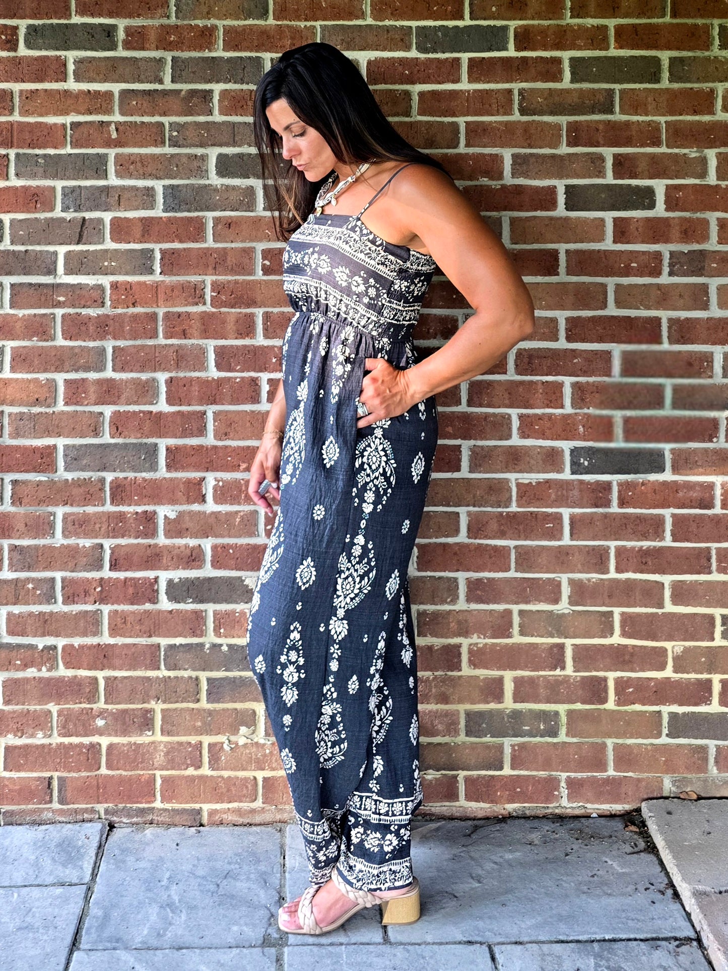 Smocked Wide Leg Printed Jumpsuit