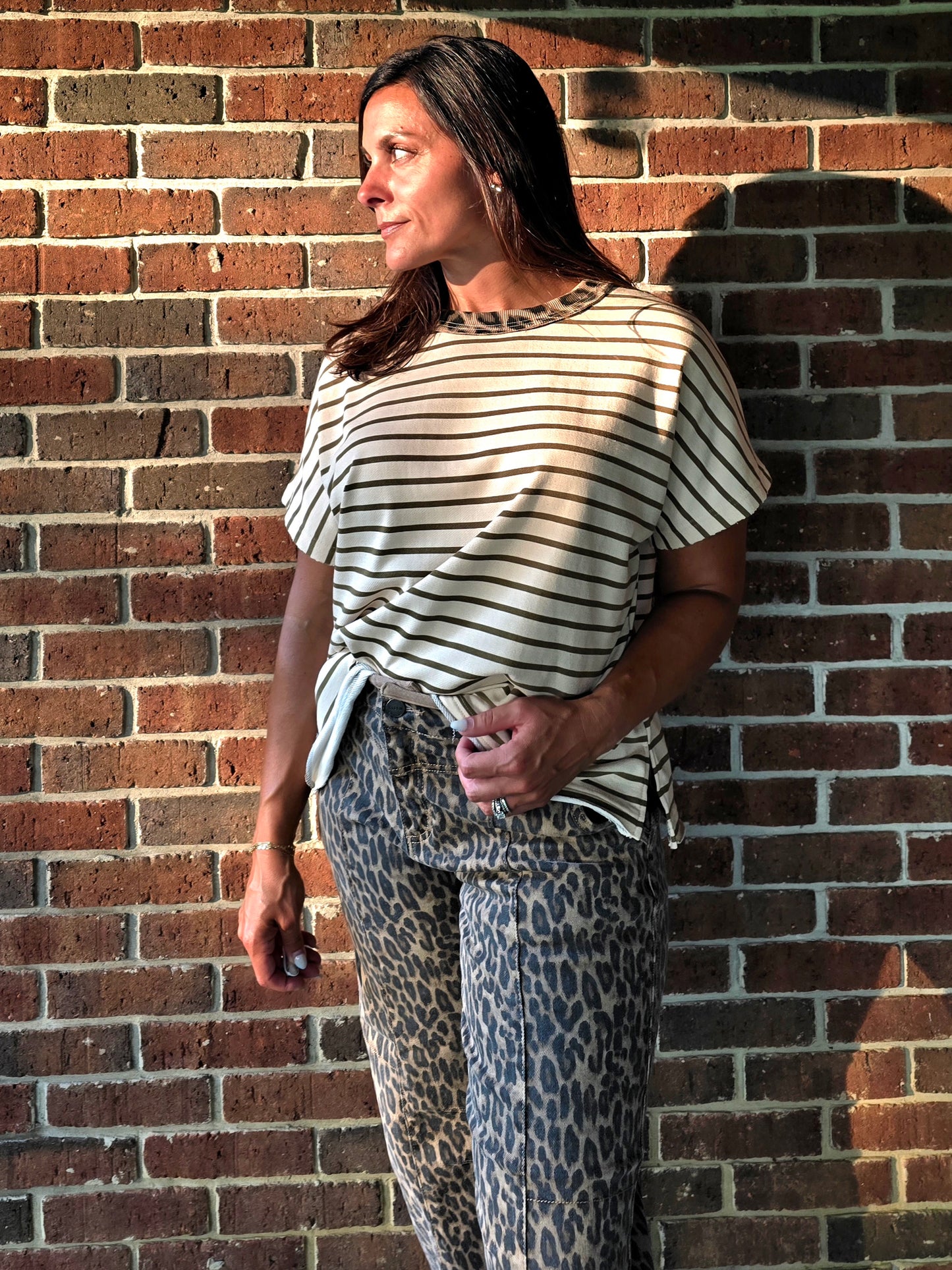 Striped French Terry Top with Leopard Trim Neckline