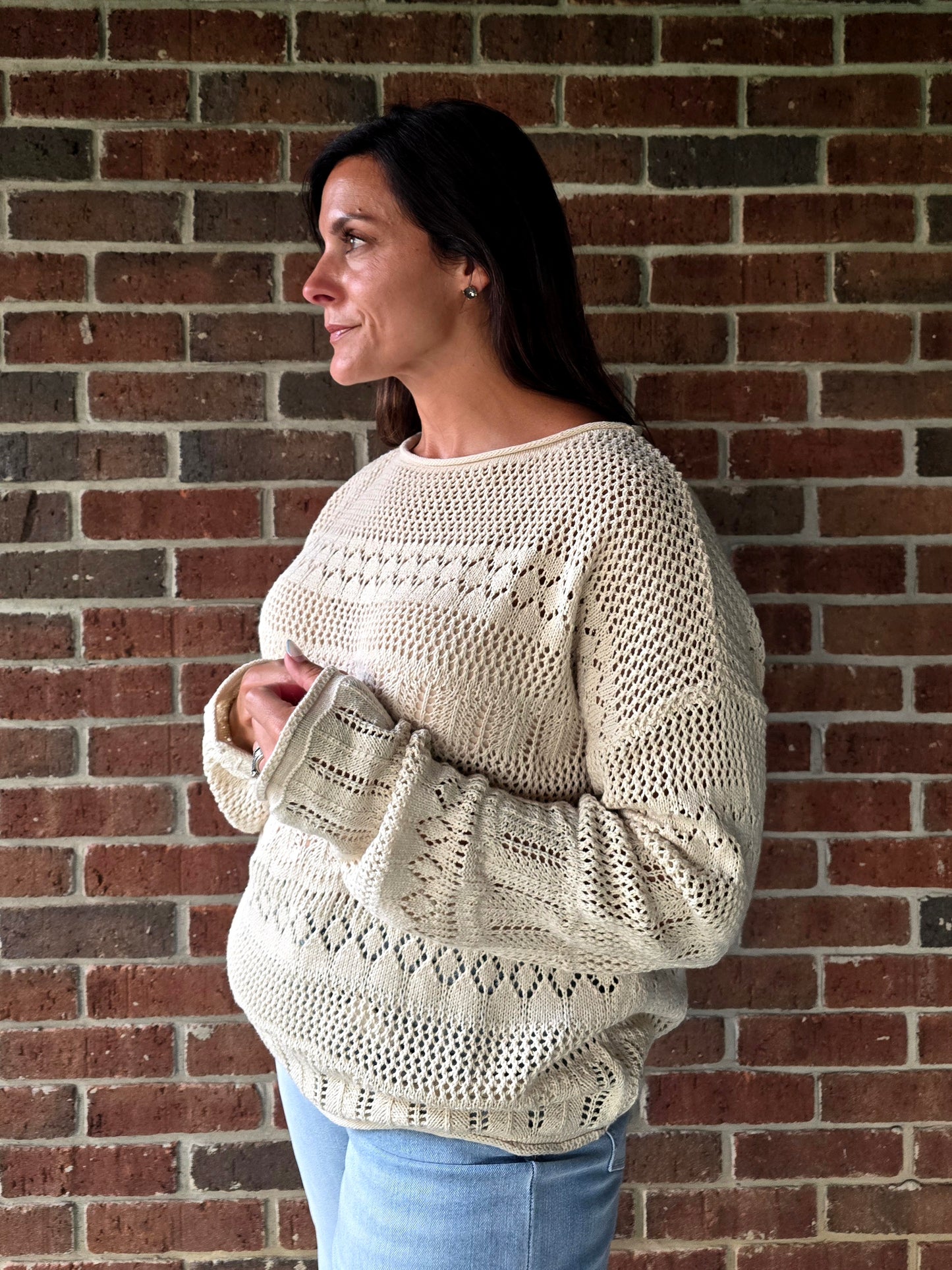 Cream Pointelle Knit Sweater