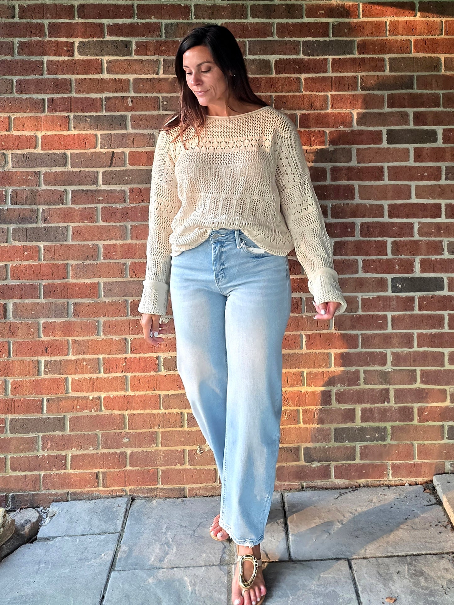 Cream Pointelle Knit Sweater