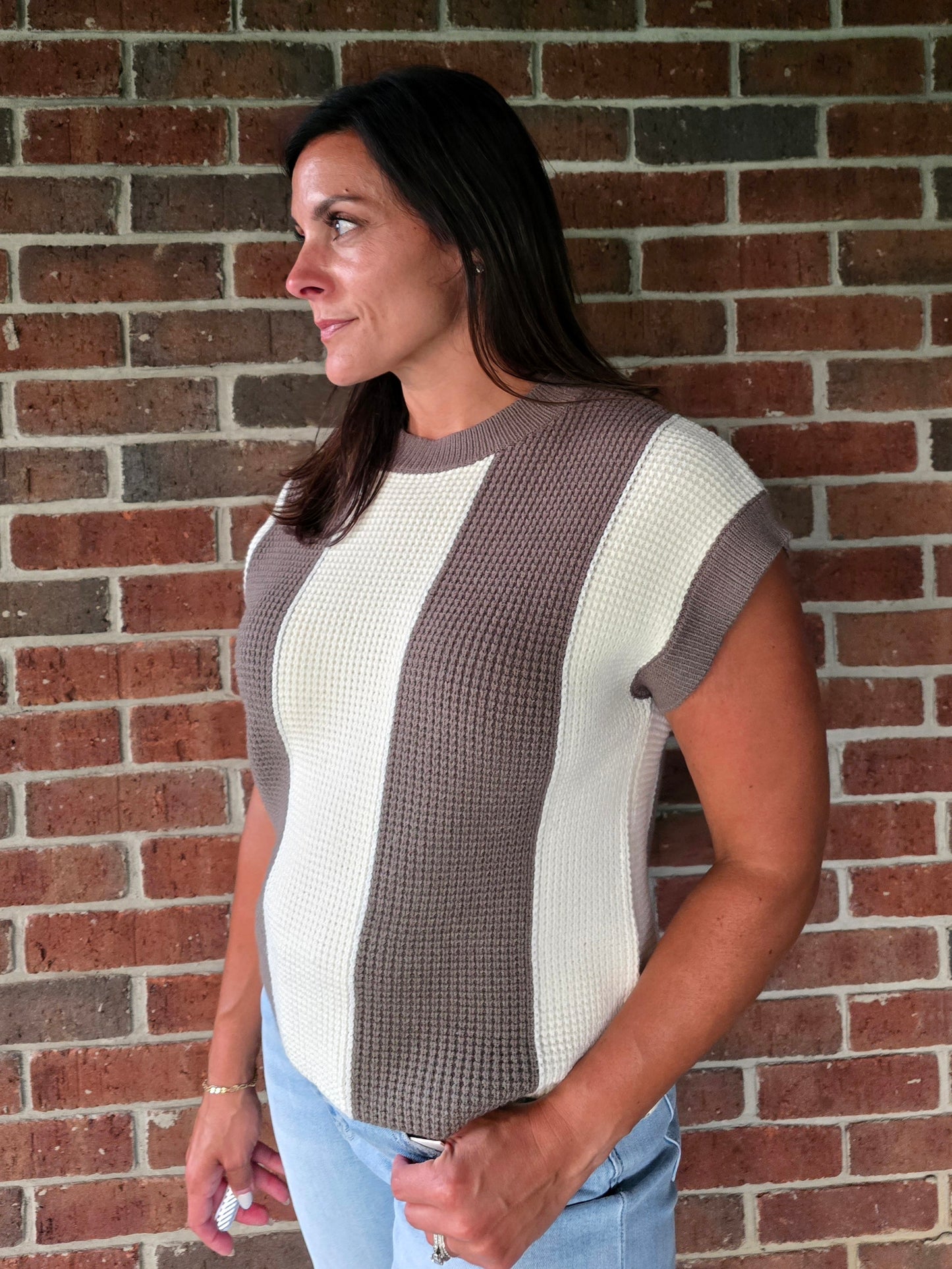 Waffle Texture Wide Vertical Stripe Top