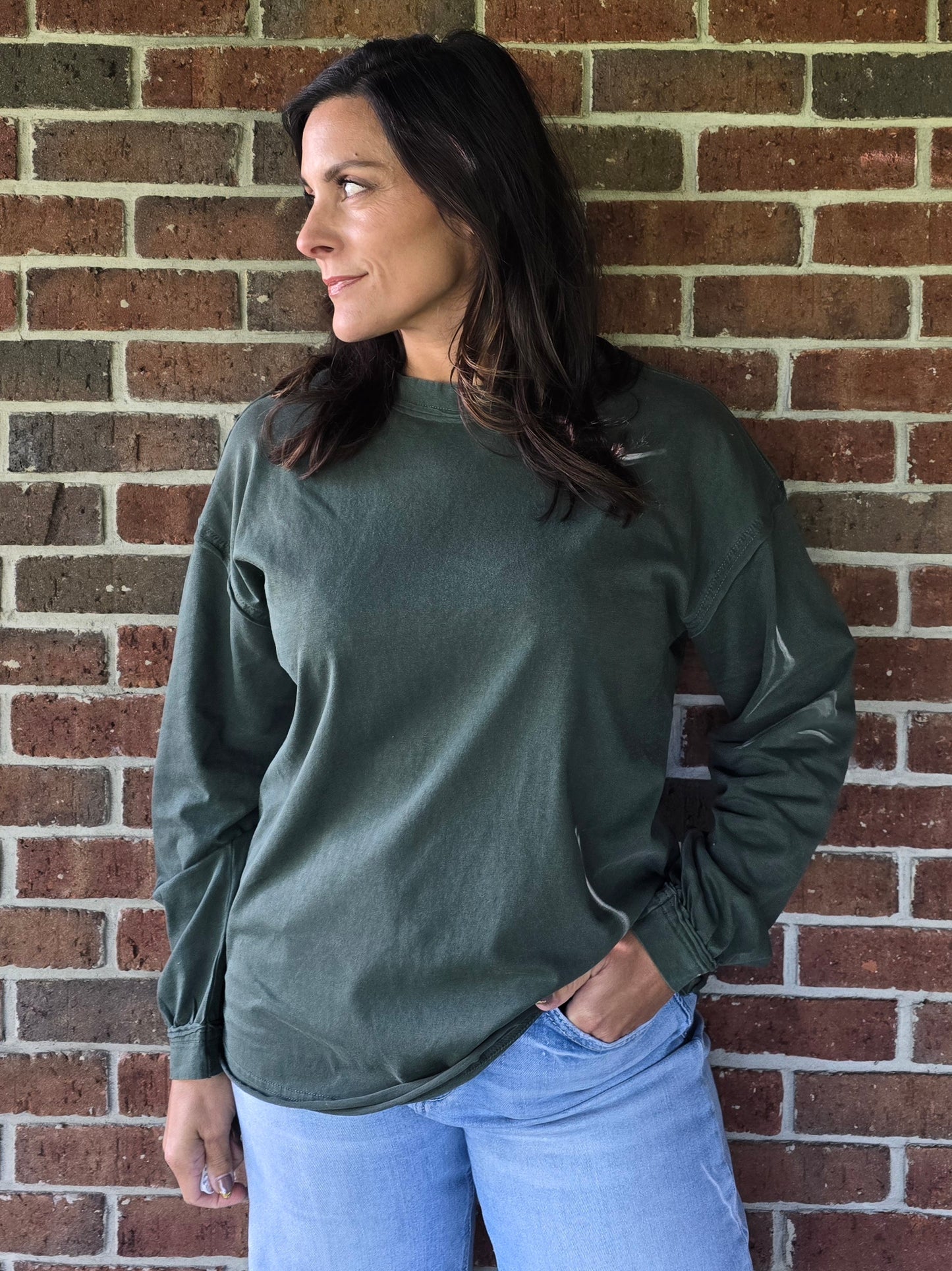 Hunter Green Pigment Washed Cotton Crew Neck Top