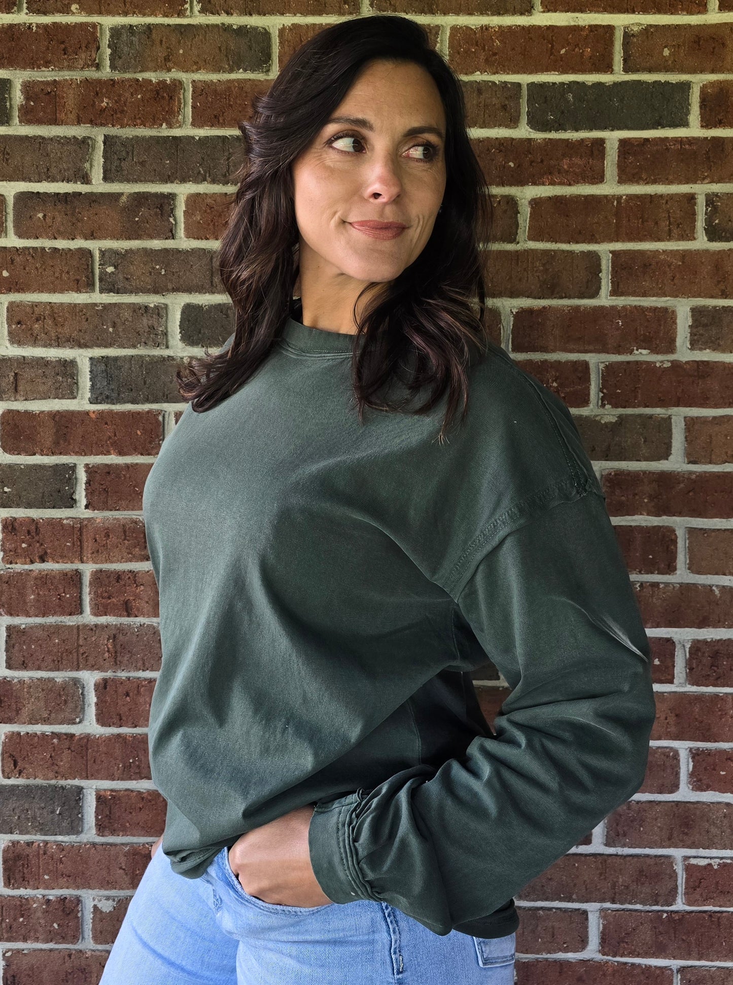 Hunter Green Pigment Washed Cotton Crew Neck Top