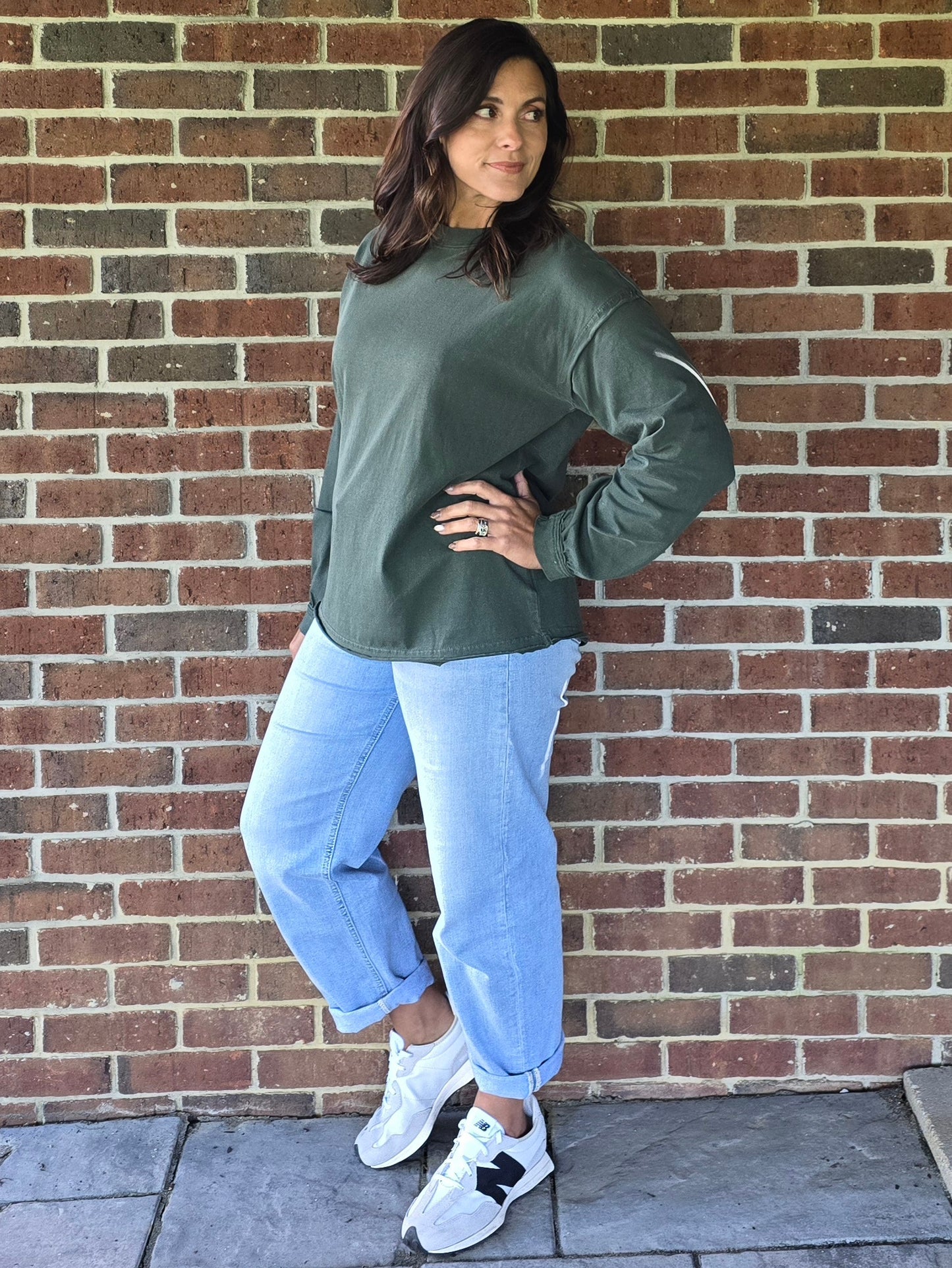 Hunter Green Pigment Washed Cotton Crew Neck Top