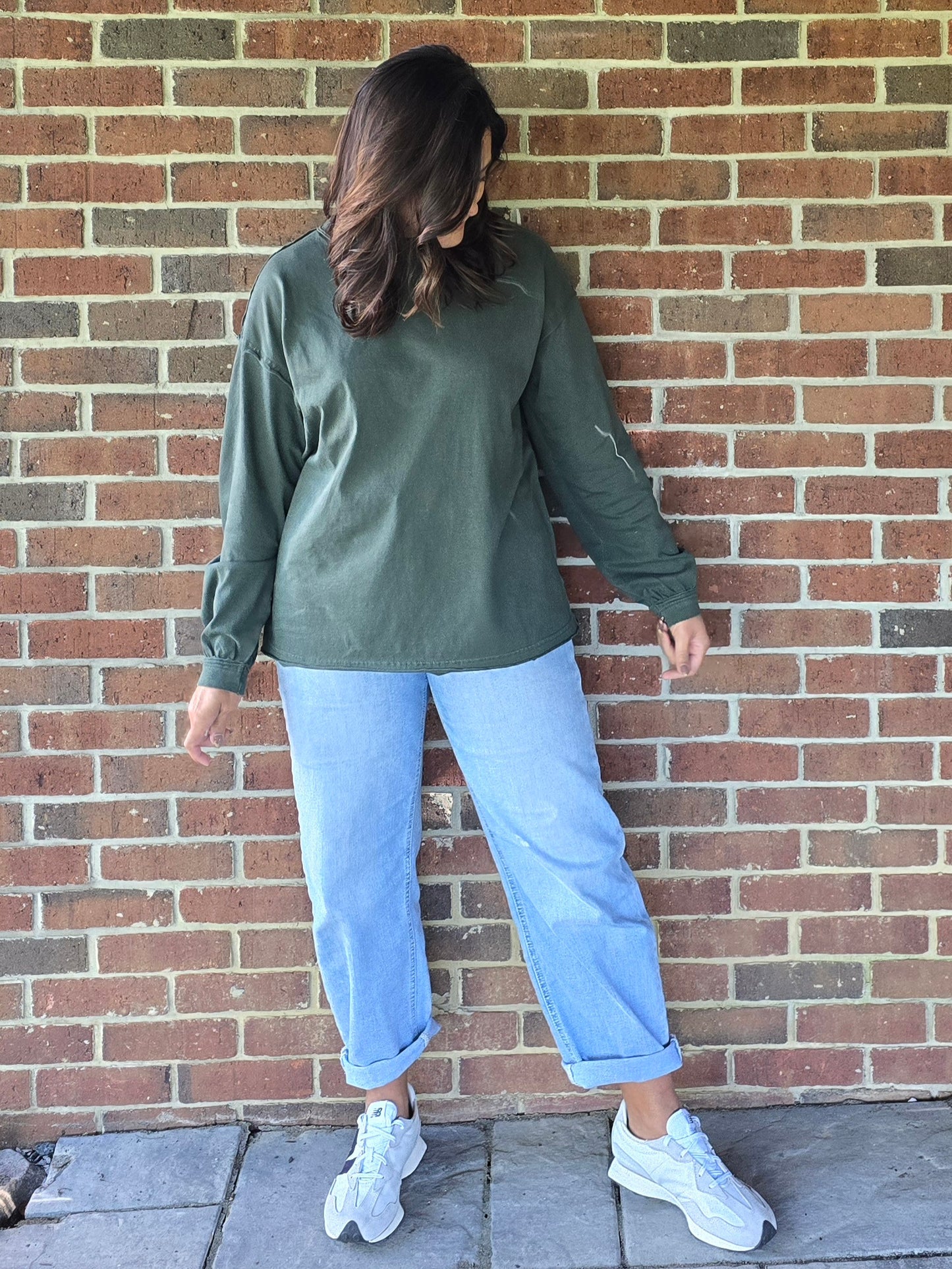 Hunter Green Pigment Washed Cotton Crew Neck Top