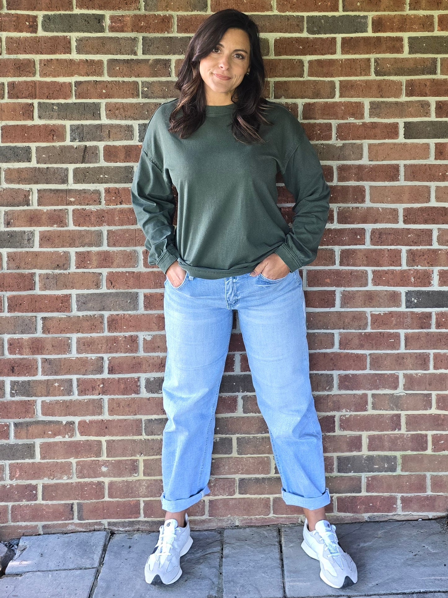 Hunter Green Pigment Washed Cotton Crew Neck Top