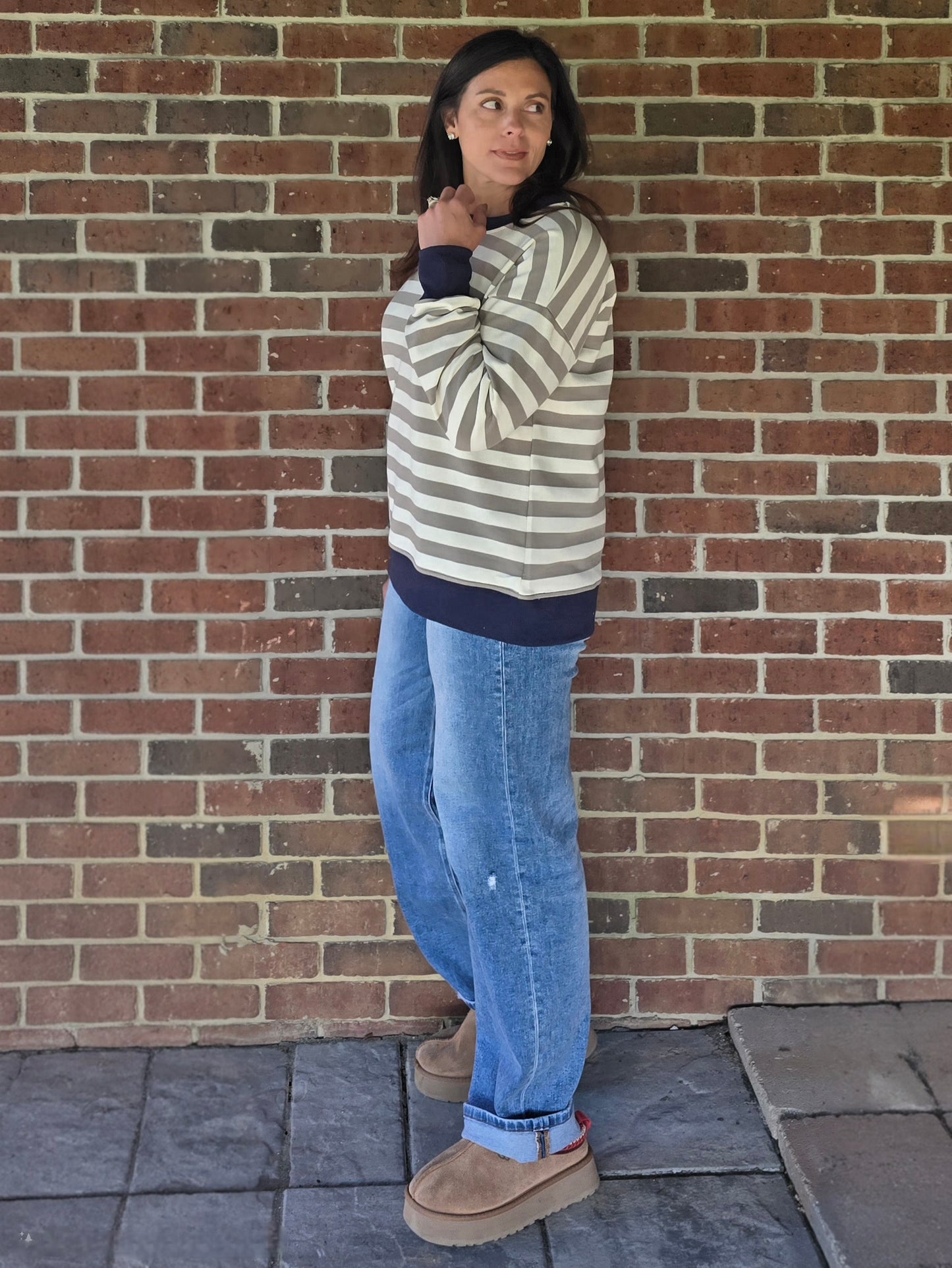 Navy Contrast Cream & Olive Stripe Pullover