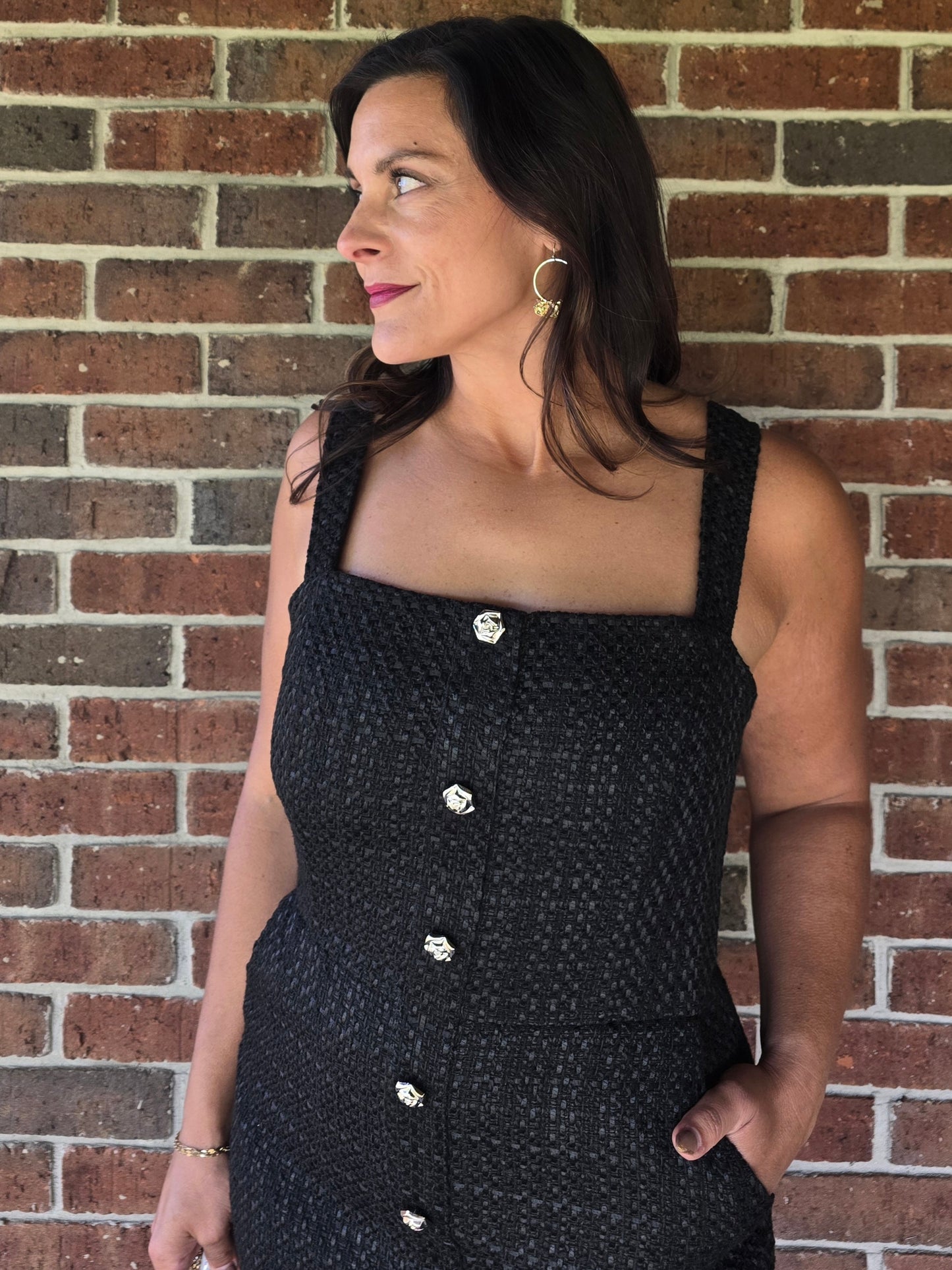 Button Front Tweed Midi Dress