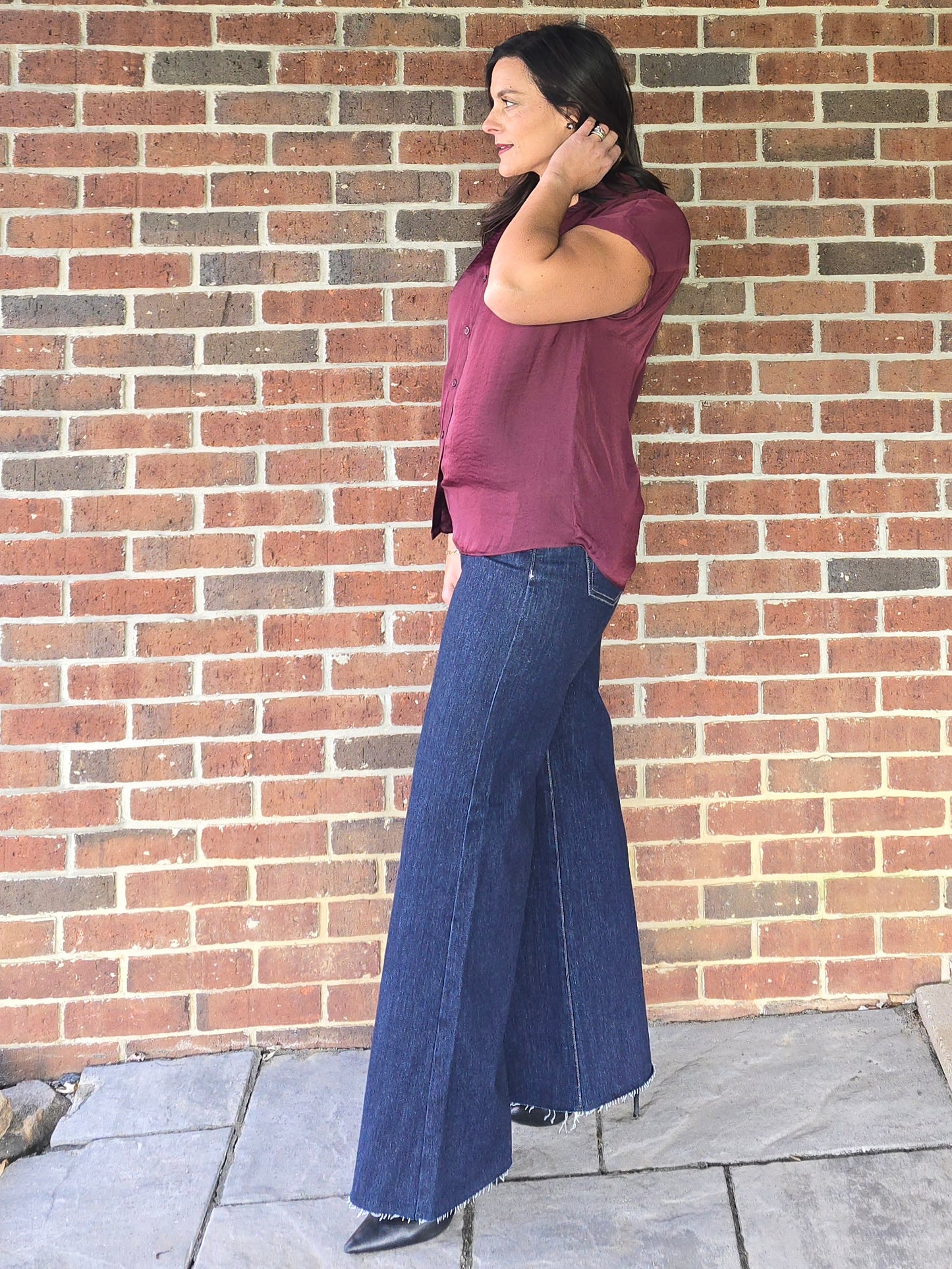 Wine Silky Short Sleeve Button Blouse