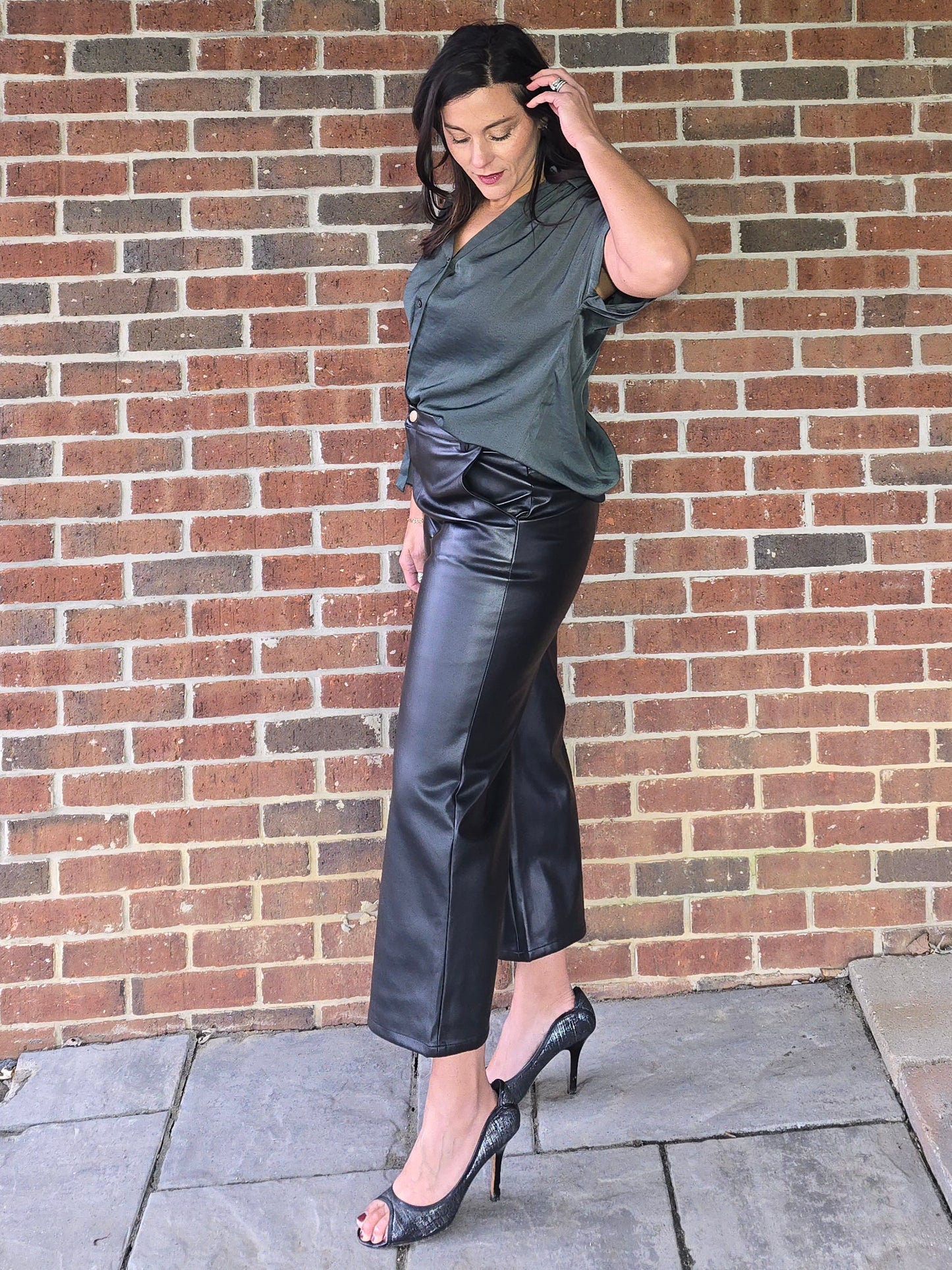 Forest Green Silky Short Sleeve Button Blouse