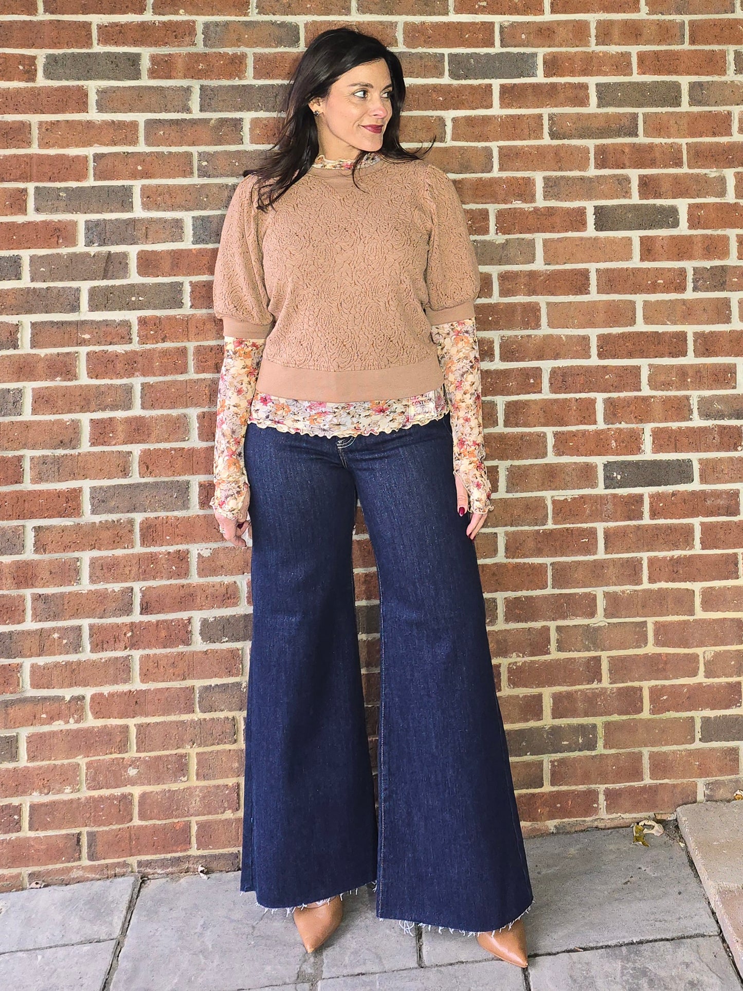 Floral Knit Puff Sleeve Jacquard Sweatshirt