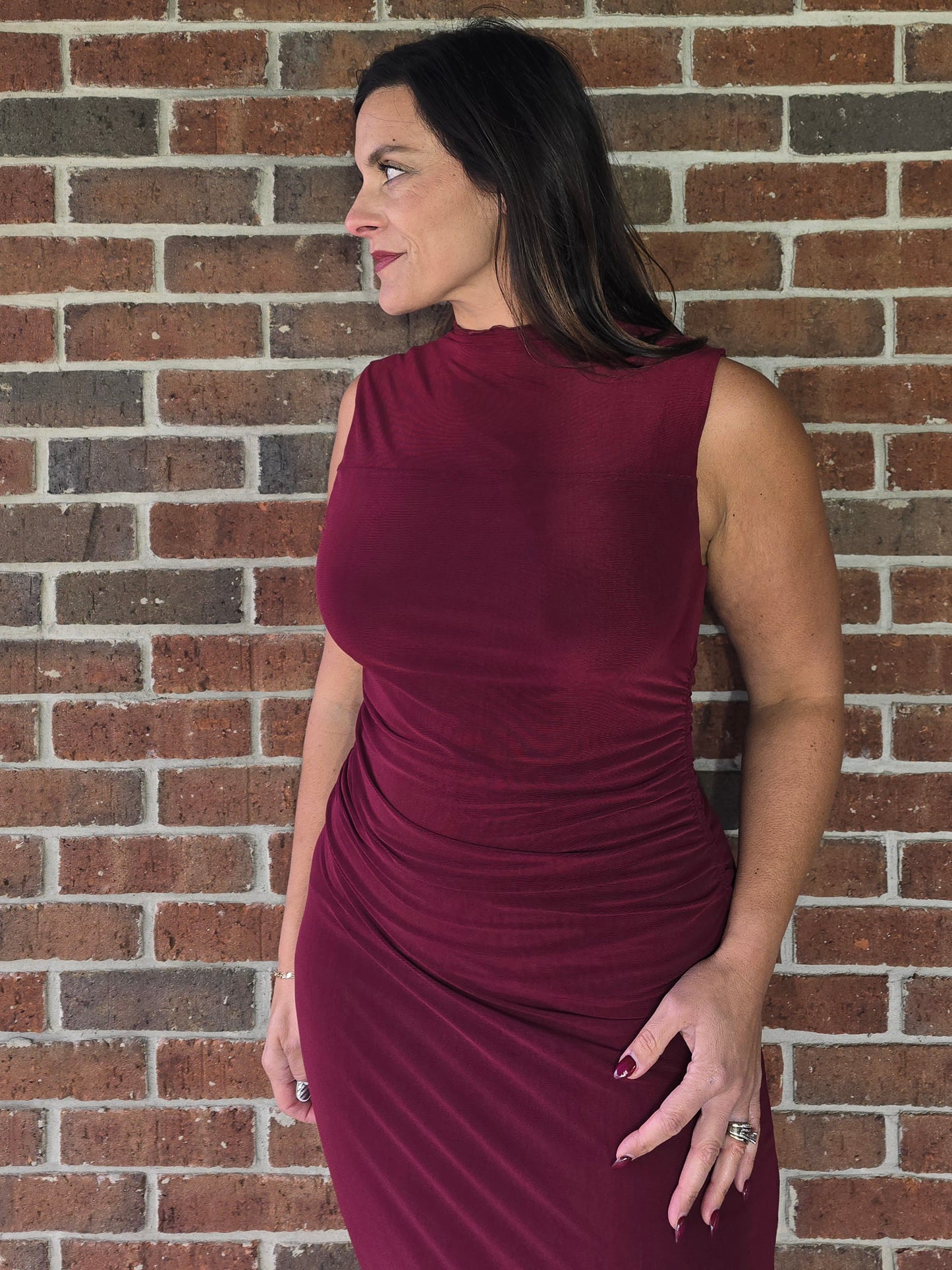 Wine Mock Neck Ruched Mesh Midi Dress