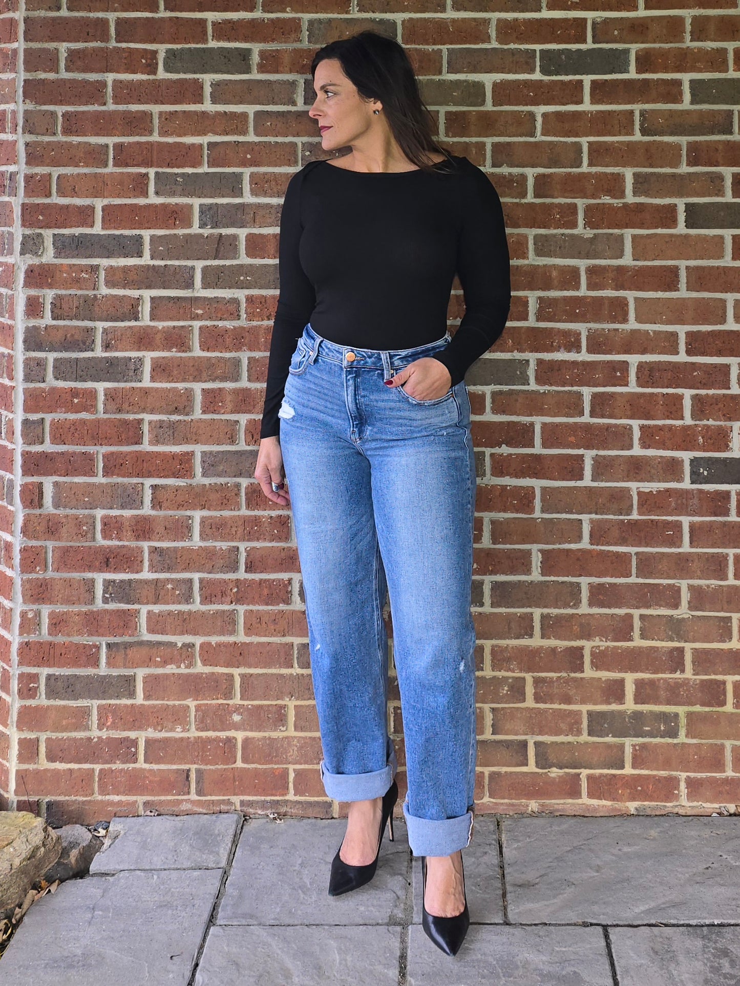 Black Micro Rib Boat Neck Bodysuit