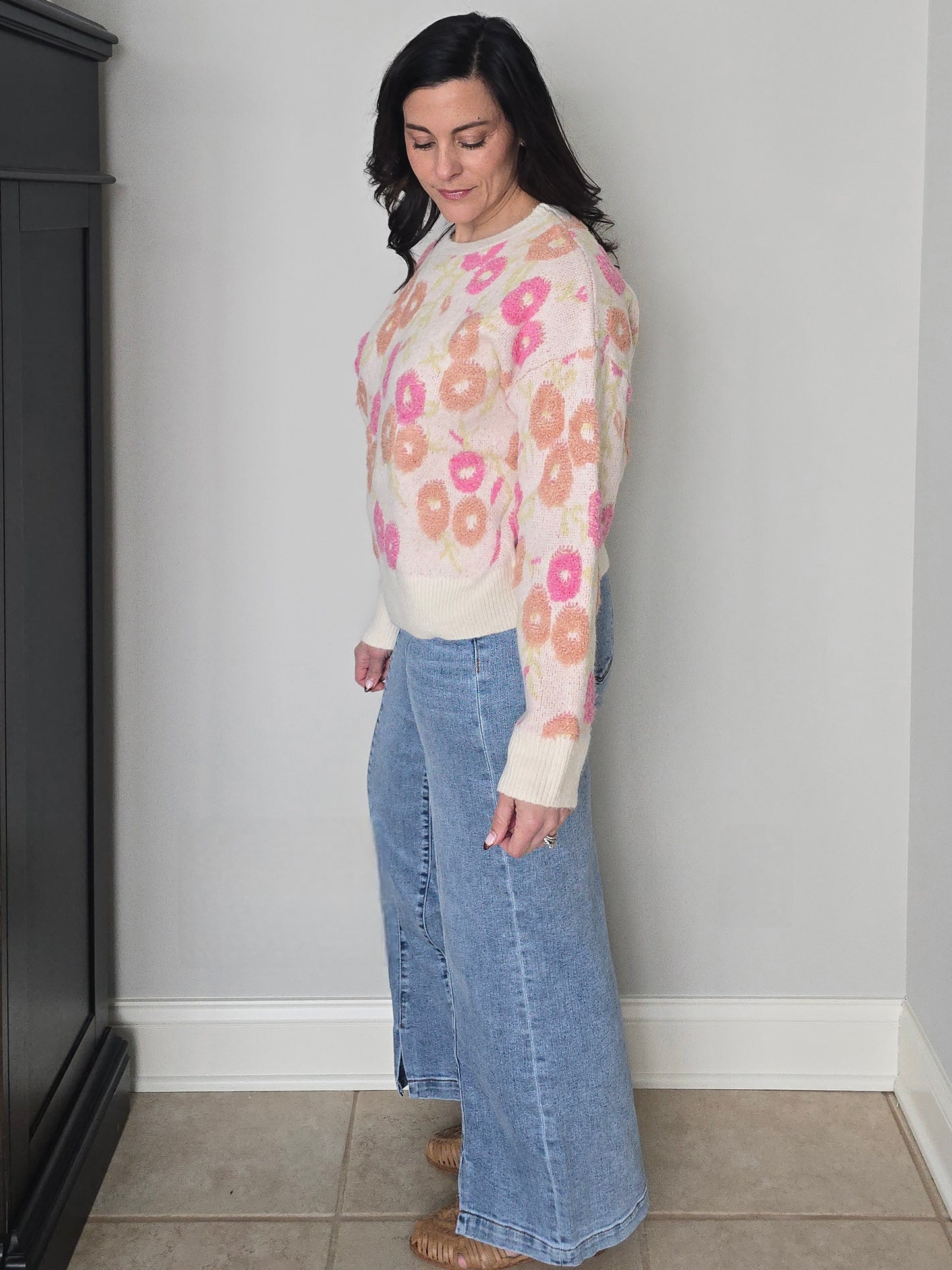 Terry Textured Floral Pattern Knit Sweater