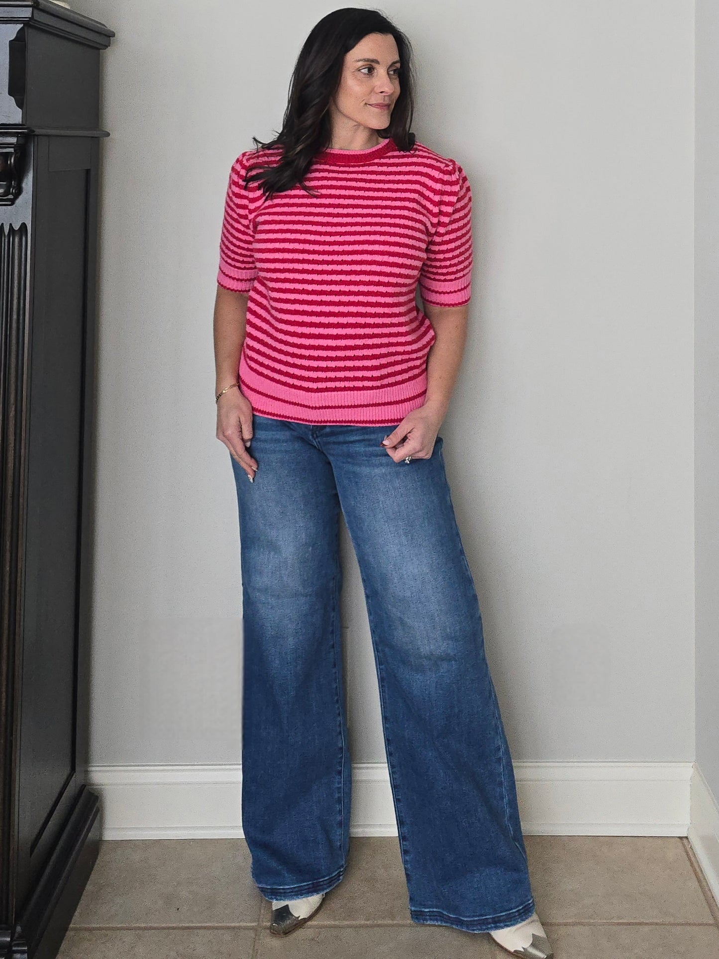 Red and Pink Striped Pointelle Short Sleeve Sweater