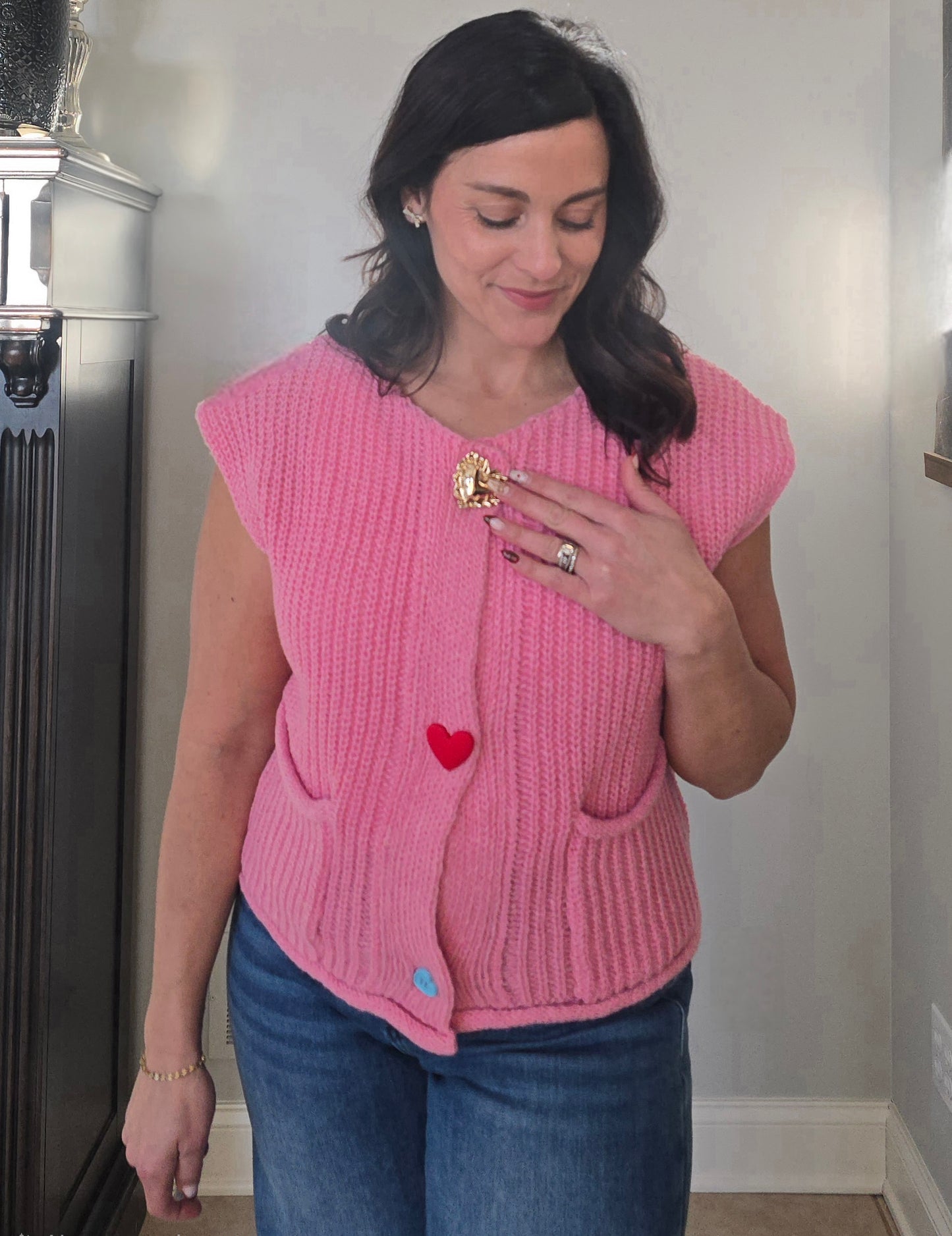 Pink Knit Heart Button Vest