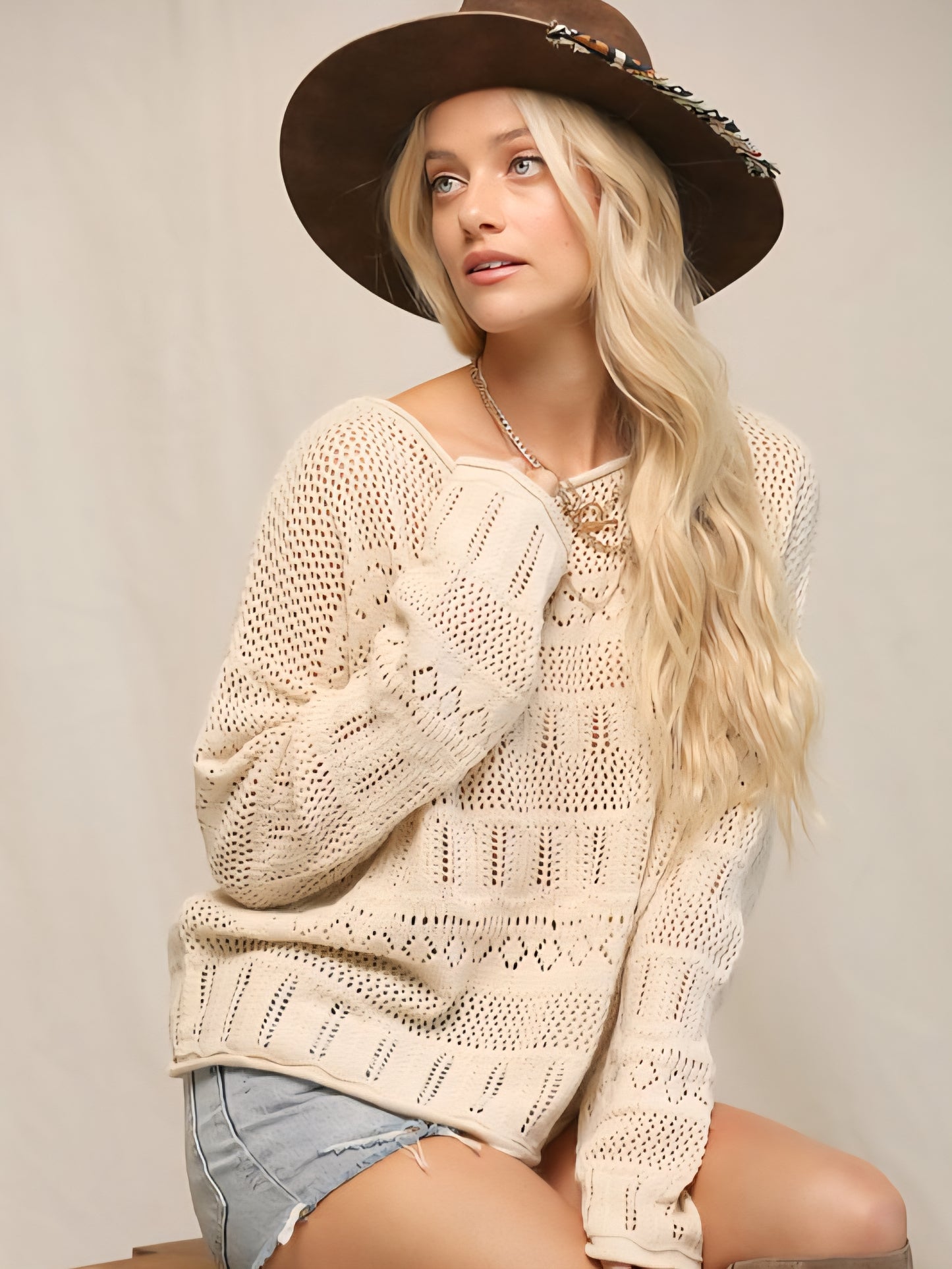 Cream Pointelle Knit Sweater
